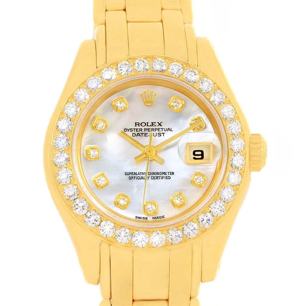 Rolex Pearlmaster 18K Yellow Gold MOP Diamond Dial Bezel Watch 69298 For Sale