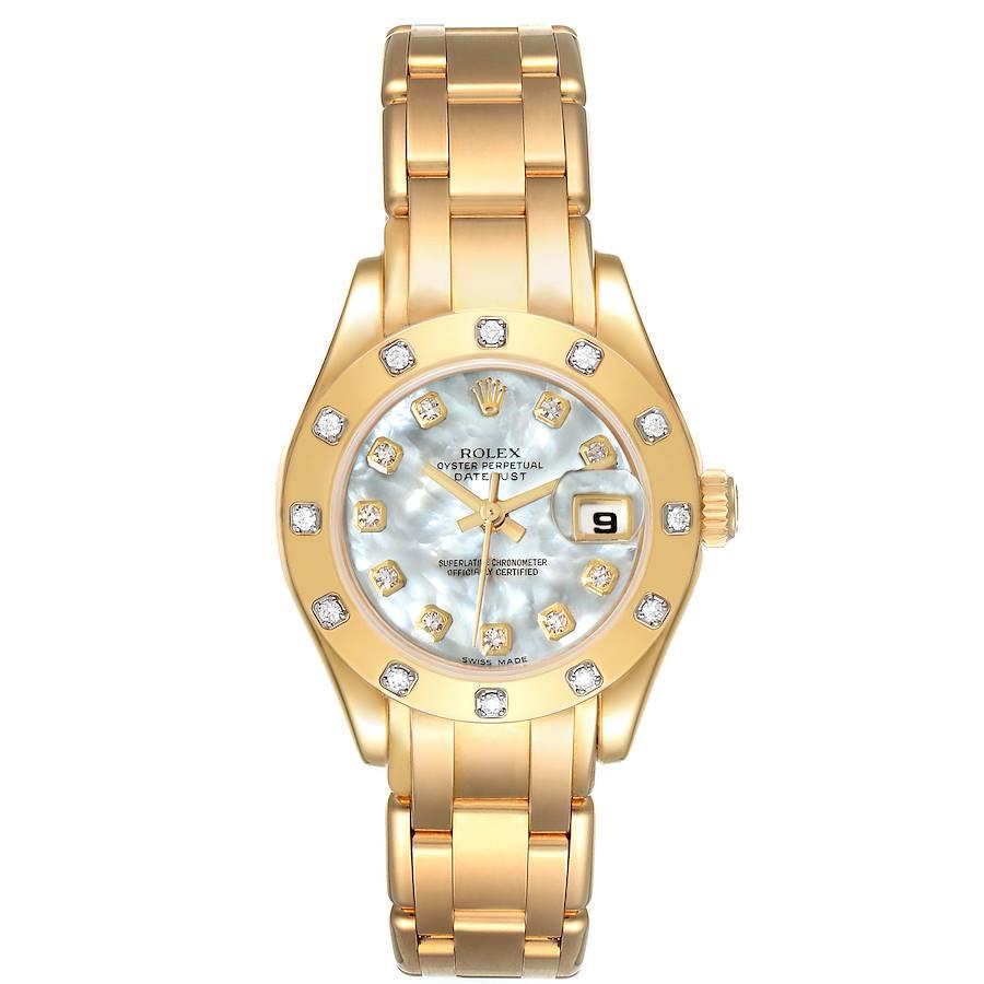 Rolex Pearlmaster 18K Yellow Gold MOP Diamond Ladies Watch 80318. Officially certified chronometer self-winding movement with quickset date function. 18k yellow gold oyster case 29.0 mm in diameter. Rolex logo on a crown. Original Rolex factory