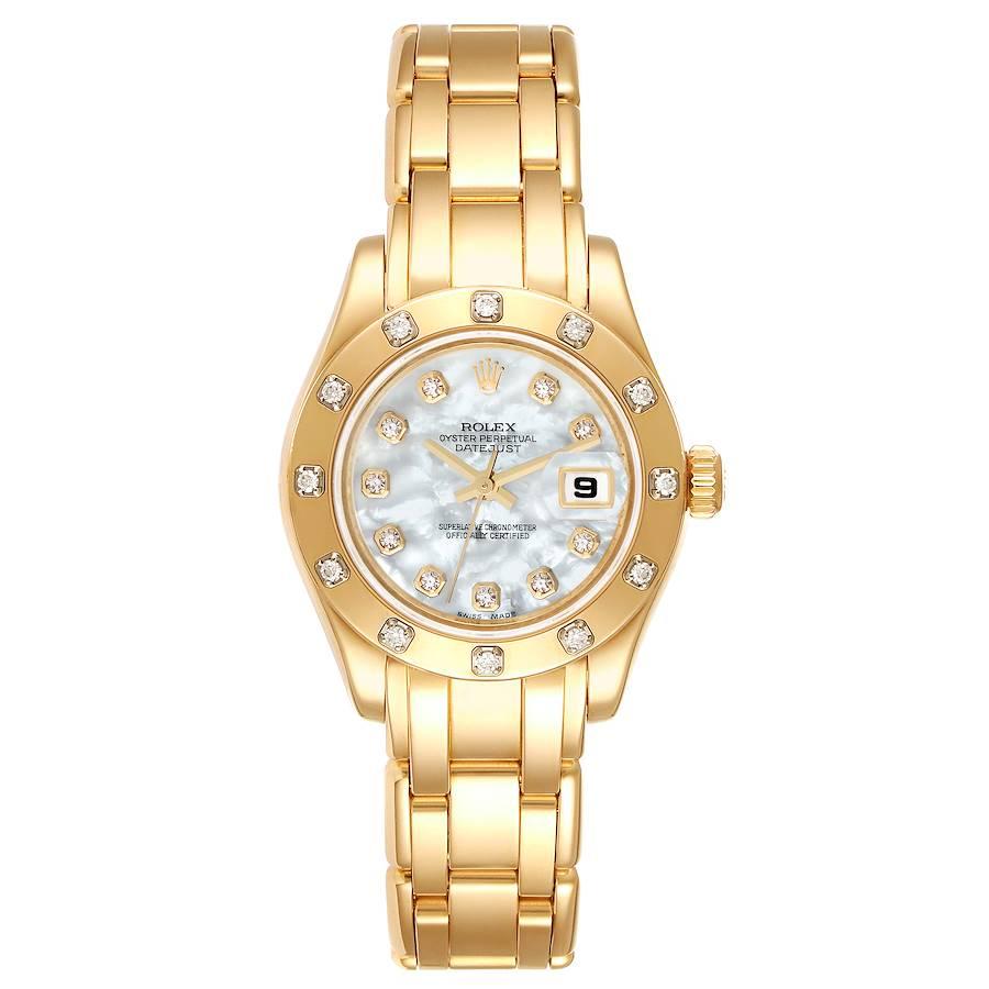 Rolex Pearlmaster 18K Yellow Gold MOP Diamond Ladies Watch 80318. Officially certified chronometer self-winding movement with quickset date function. 18k yellow gold oyster case 29.0 mm in diameter. Rolex logo on a crown. Original Rolex factory