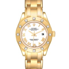 Rolex Pearlmaster 18k Yellow Gold White Roman Dial Diamond Ladies Watch 80318