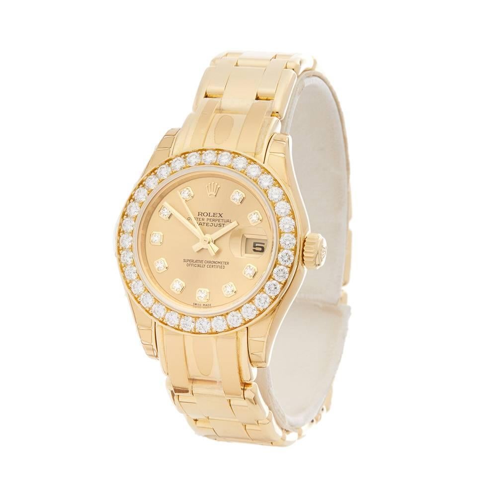 Ref: W4423
Age: Rolex
Model: Pearlmaster
Model Ref: 80298
Age: 16th May 2008
Gender: Women's
Box and Papers: Box & Guarantee
Dial: Champagne Diamond Markers
Glass: Sapphire Crystal
Movement: Automatic
Water Resistance: To Manufacturers