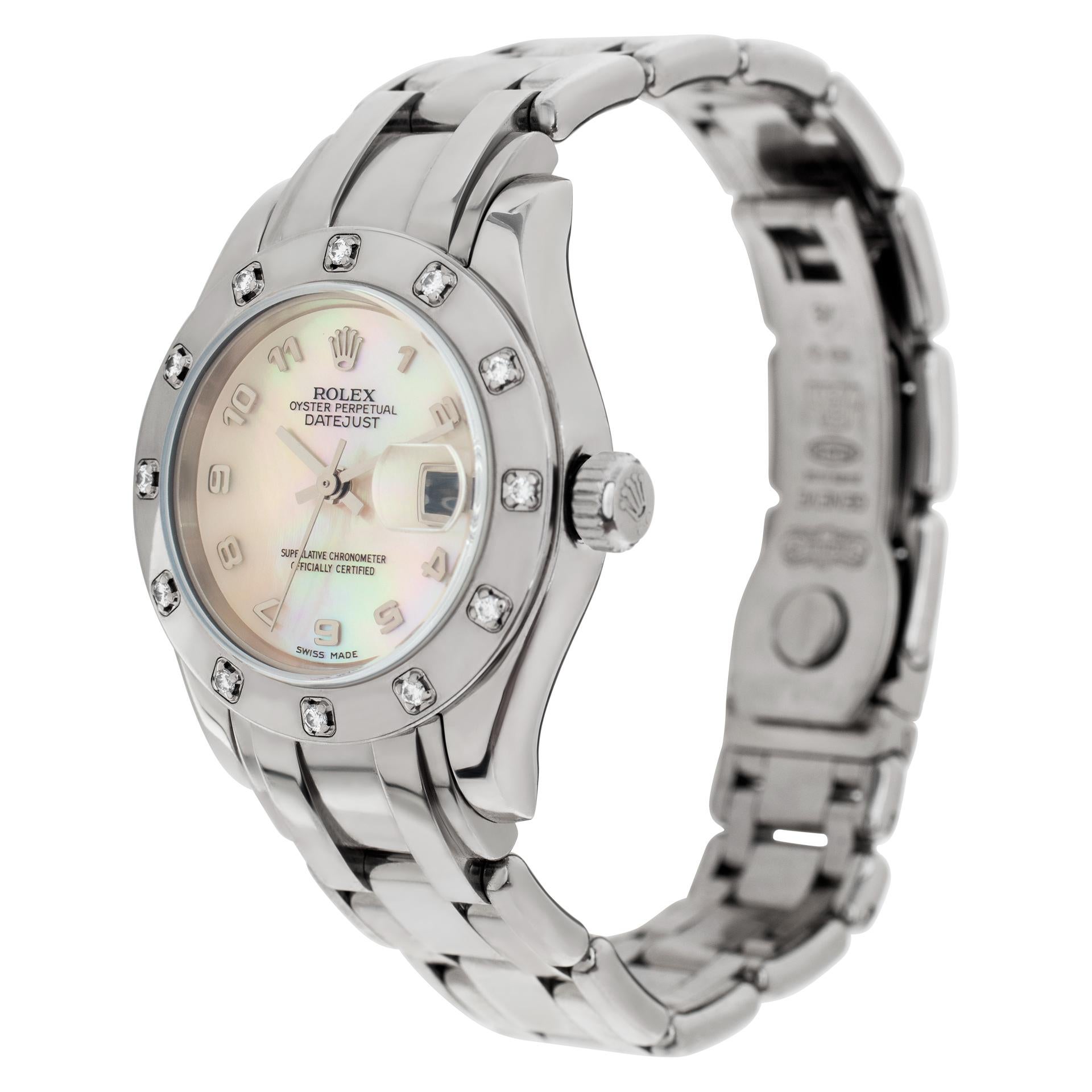 Rolex Pearlmaster in 18k white gold w/ white mother of pearl dial and diamond bezel. Auto w/ sweep seconds and date. 28 mm case size. **Bank wire only at this price** Ref 80319. Circa 2000. Fine Pre-owned Rolex Watch. Certified preowned Dress Rolex
