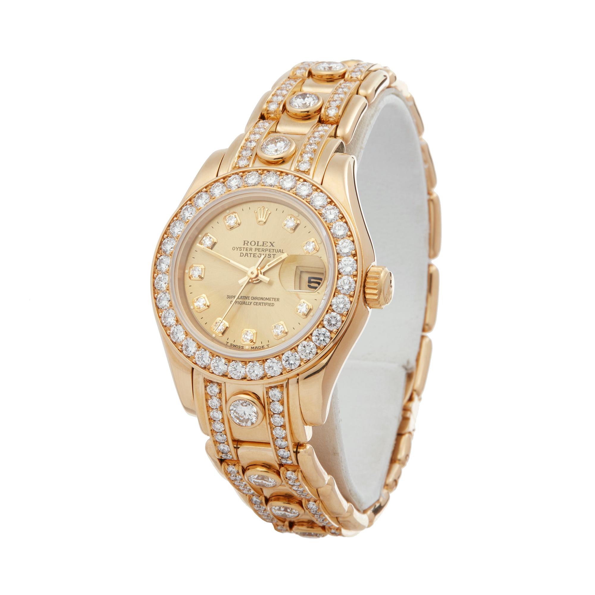 Reference: W6066
Manufacturer: Rolex
Model: Pearlmaster
Model Number: 69298
Age: 23 November 1995
Gender: Women's
Box and Papers: Box, Manuals, Guarantee & Swing Tags
Dial: Champagne Diamond
Glass: Sapphire Crystal
Movement: Automatic
Water