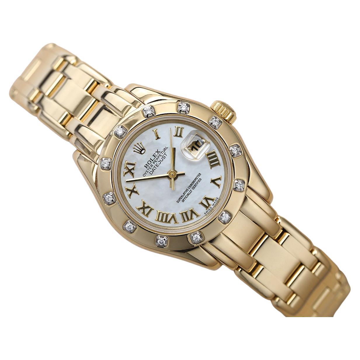 Rolex Pearlmaster 18k Yellow Gold Watch with White Mother of Pearl 80318 For Sale