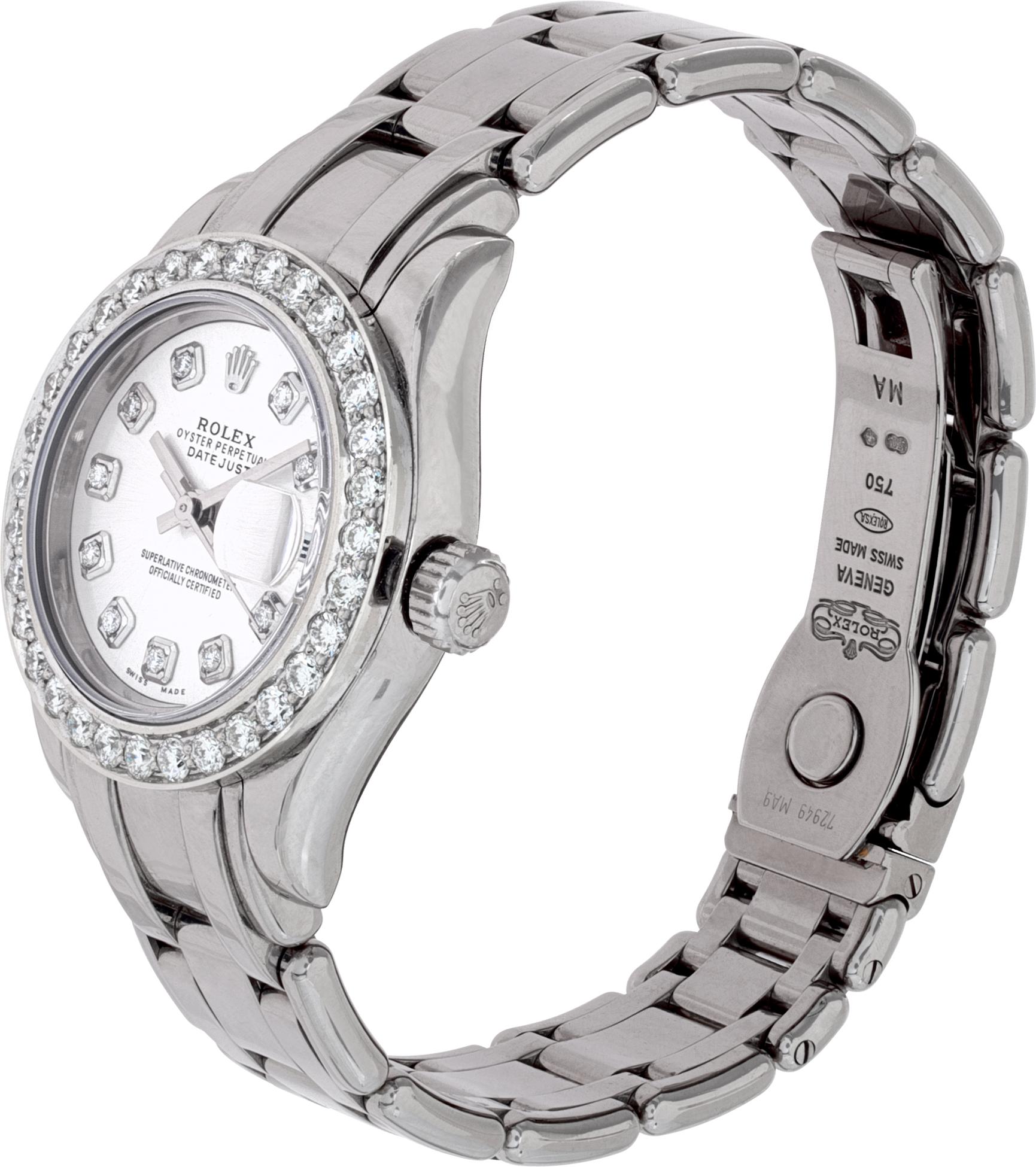 Rolex Pearlmaster en or blanc 18 carats avec lunette en diamant personnalisée et cadran en diamant nacré personnalisé. Auto avec balayage des secondes et date. Boîtier de 29 mm. Vers 2007. Articles originaux. Ref 80319. **Transfert bancaire