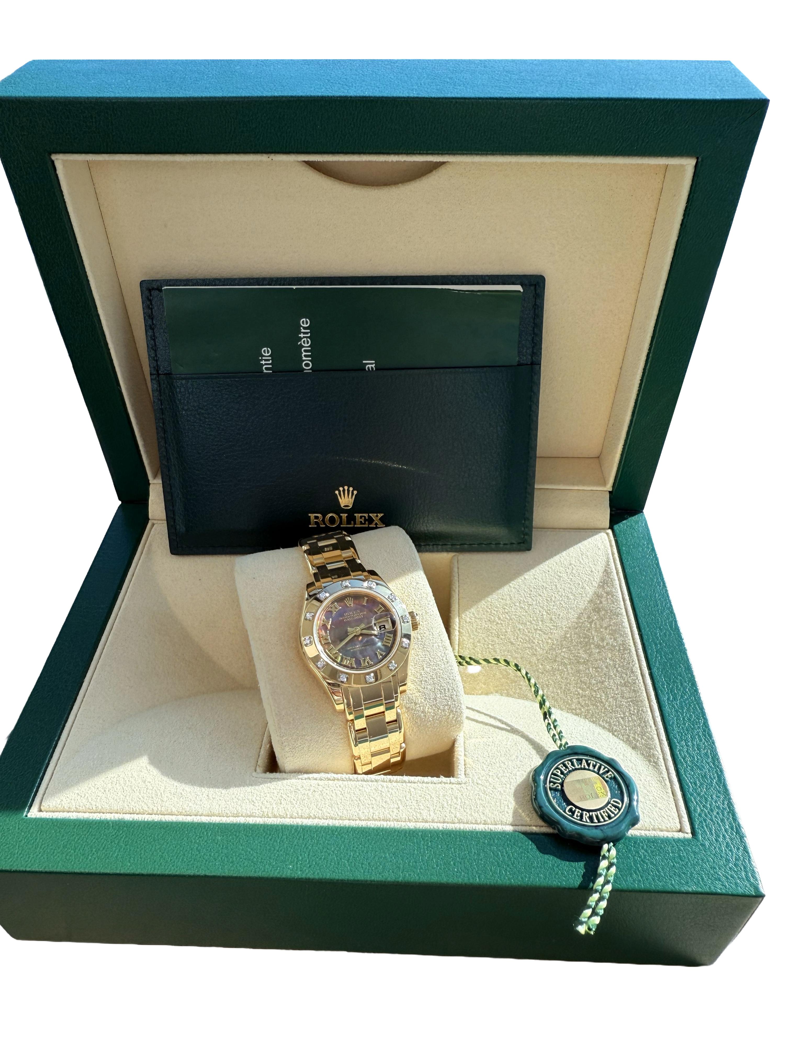 Rolex Pearlmaster 29mm MOP Diamond Dial 18K Yellow Gold Ladies Watch 80318 Modernista en venta
