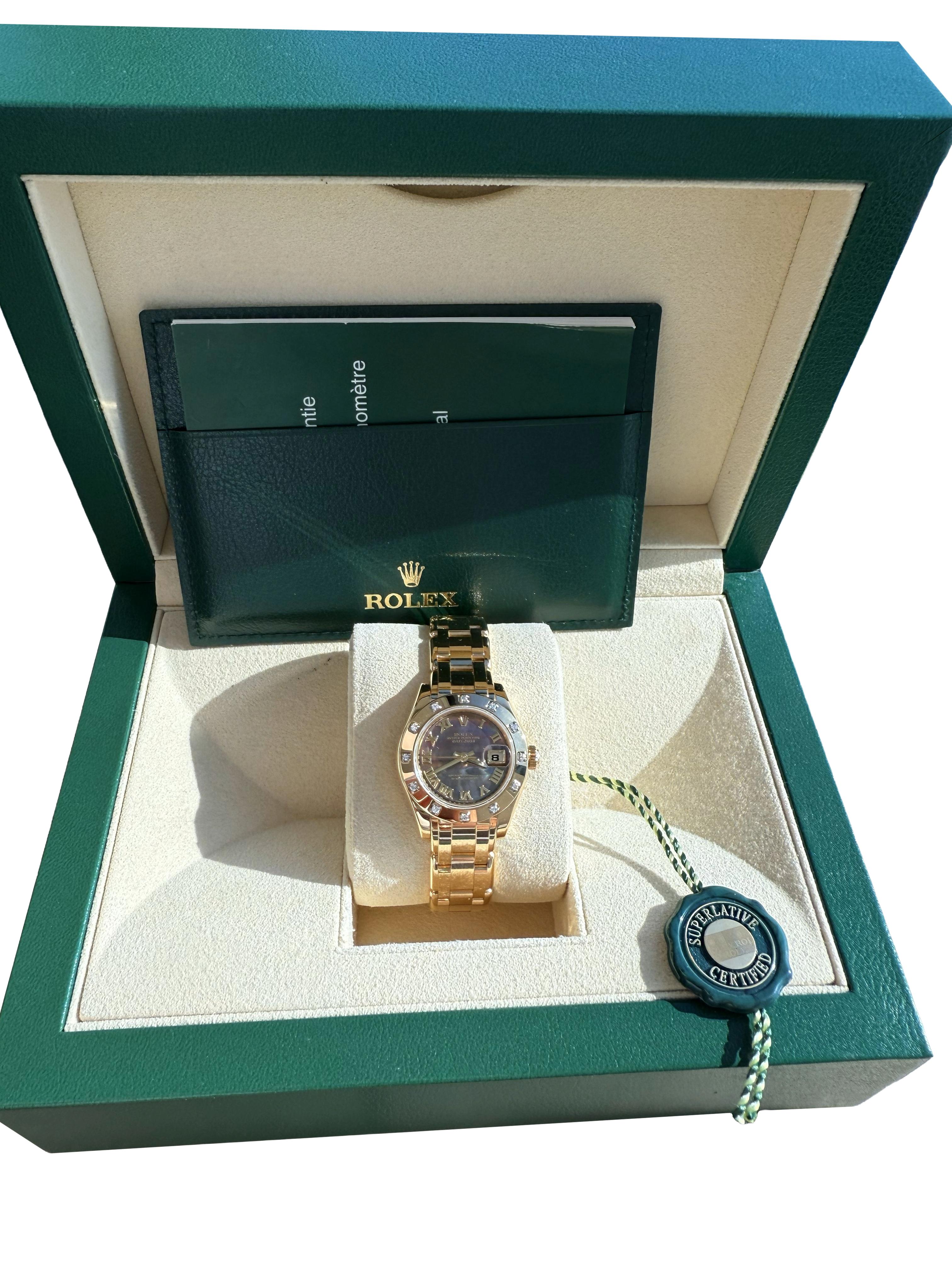 Rolex Pearlmaster 29mm MOP Diamond Dial 18K Yellow Gold Ladies Watch 80318 Corte redondo en venta