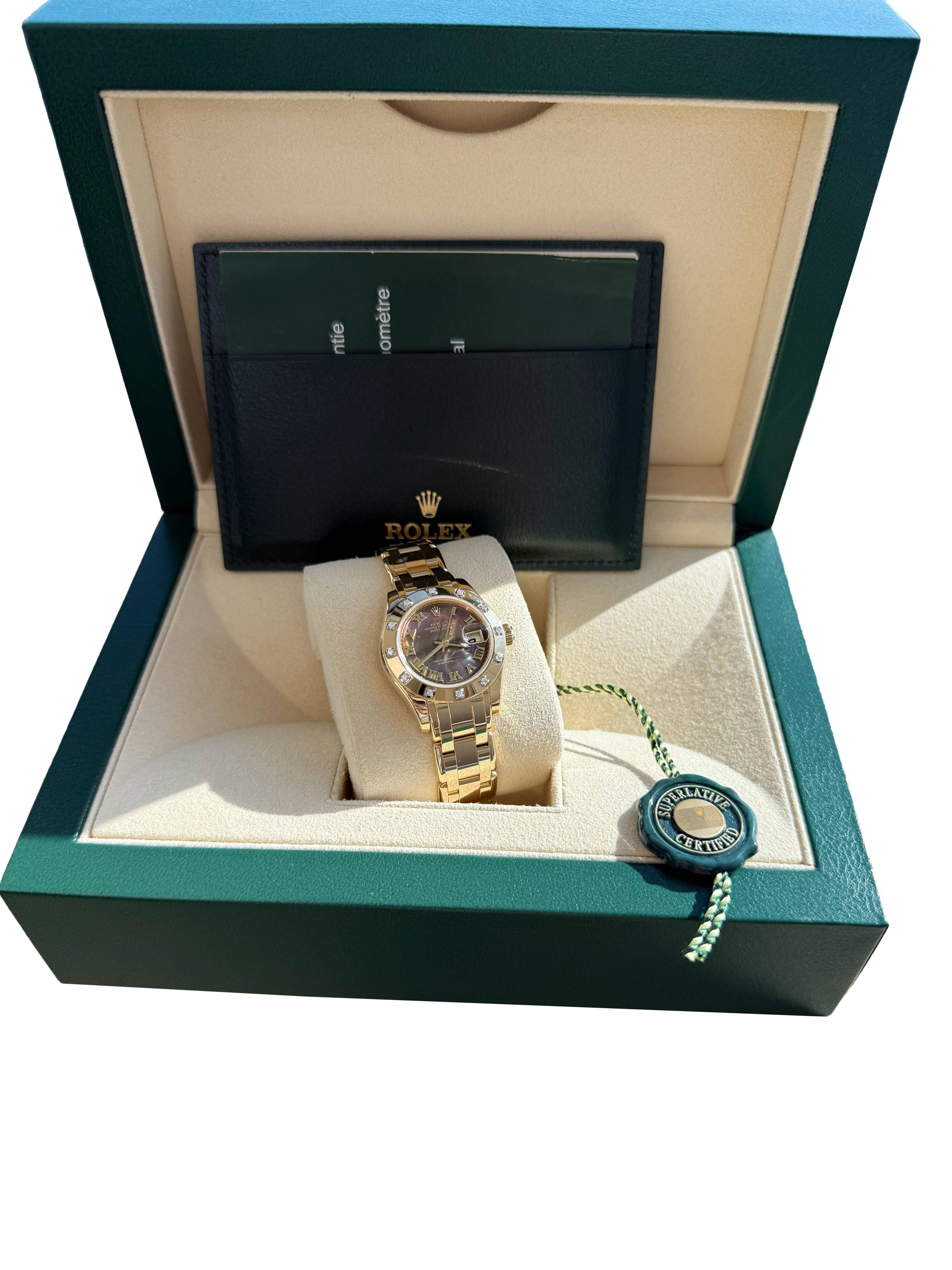 Rolex Pearlmaster 29mm MOP Diamond Dial 18K Yellow Gold Ladies Watch 80318 en Bueno estado para la venta en Aventura, FL