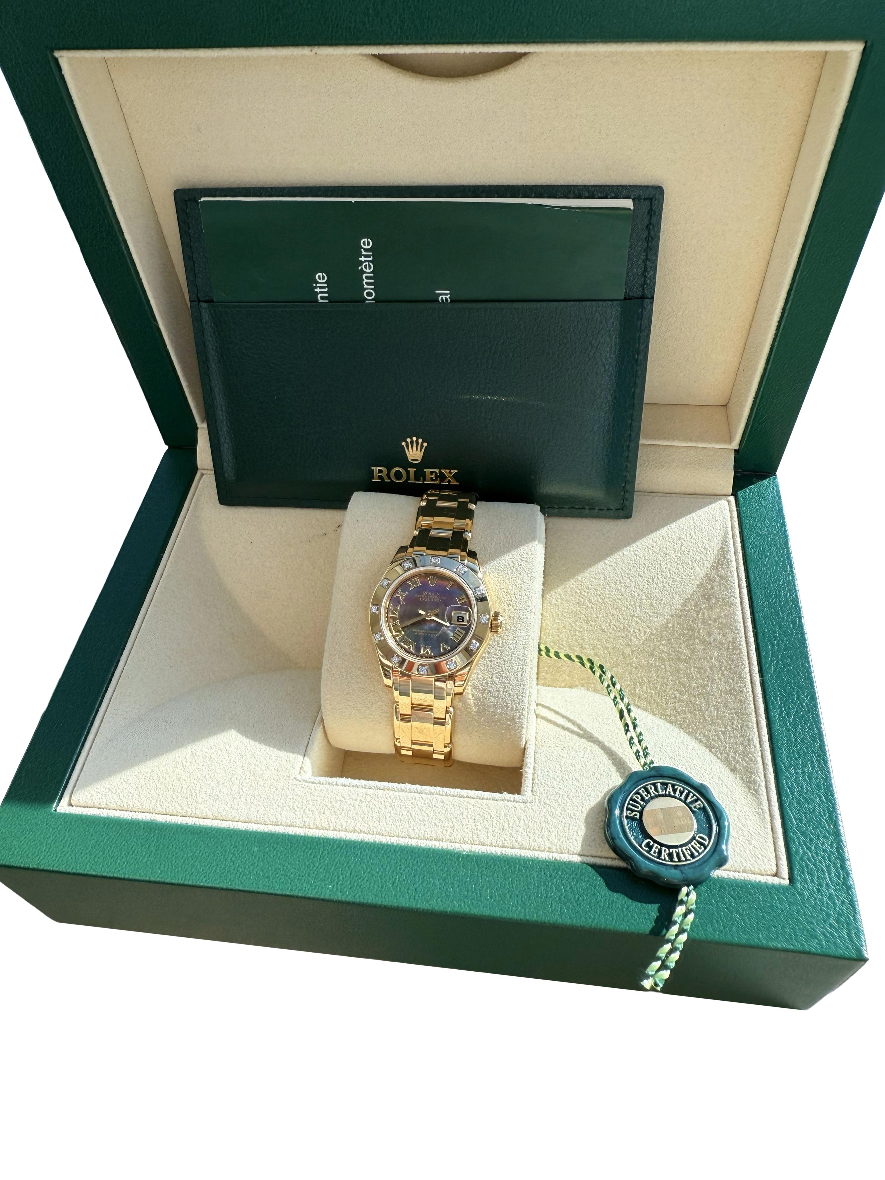 De las mujeres Rolex Pearlmaster 29mm MOP Diamond Dial 18K Yellow Gold Ladies Watch 80318 en venta