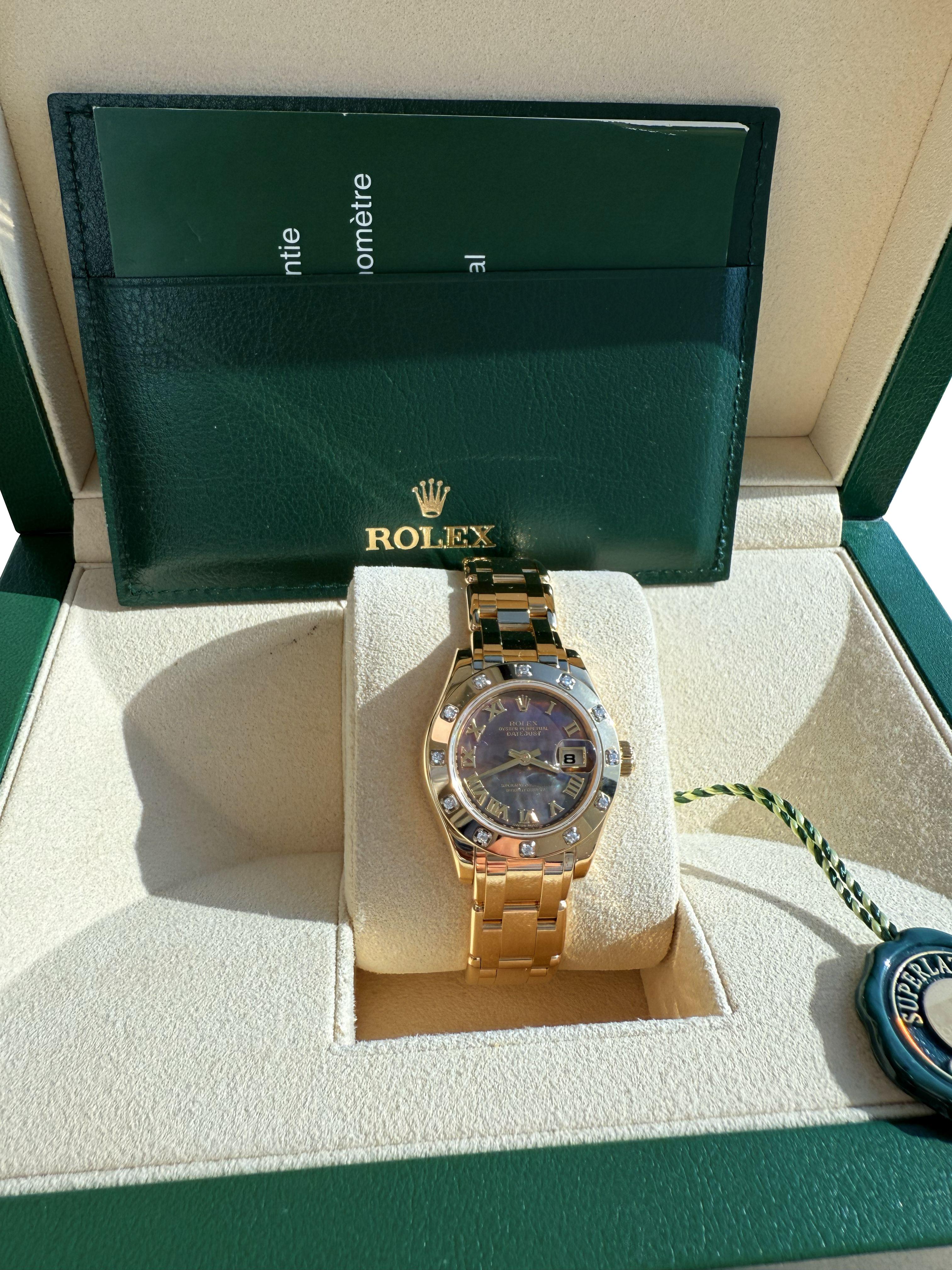 Rolex Pearlmaster 29mm MOP Diamond Dial 18K Yellow Gold Ladies Watch 80318 en venta 2