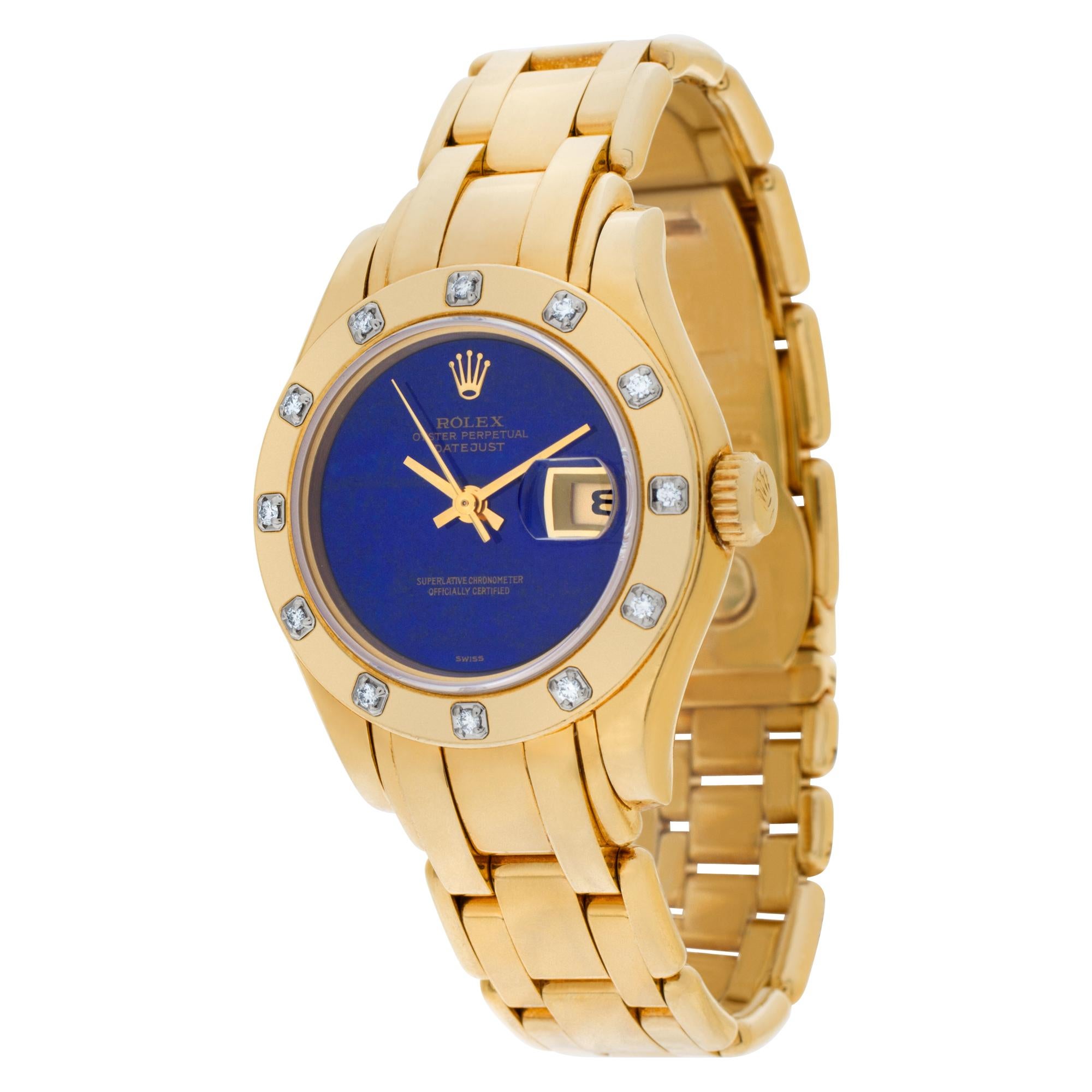 Rolex Pearlmaster in 18k with factory original lapis lazuri dial and original 12 stone diamond bezel. Auto w/ sweep seconds and date. 29 mm case size. With box and papers. Ref R6931889. **Bank wire only at this price** Fine Pre-owned Rolex