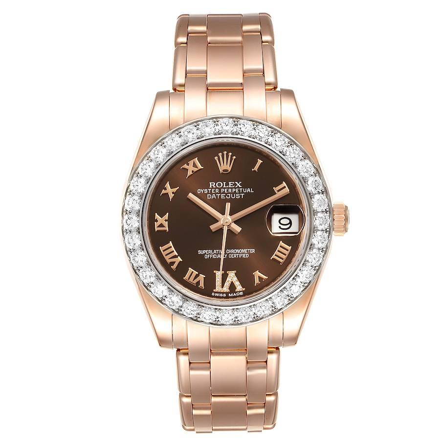 Rolex Pearlmaster 34 18k Rose Gold Diamond Ladies Watch 81285 Box Card. Officially certified chronometer self-winding movement. 18k rose gold oyster case 34.0 mm in diameter. Rolex logo on the crown. Original Rolex factory diamond bezel. Scratch