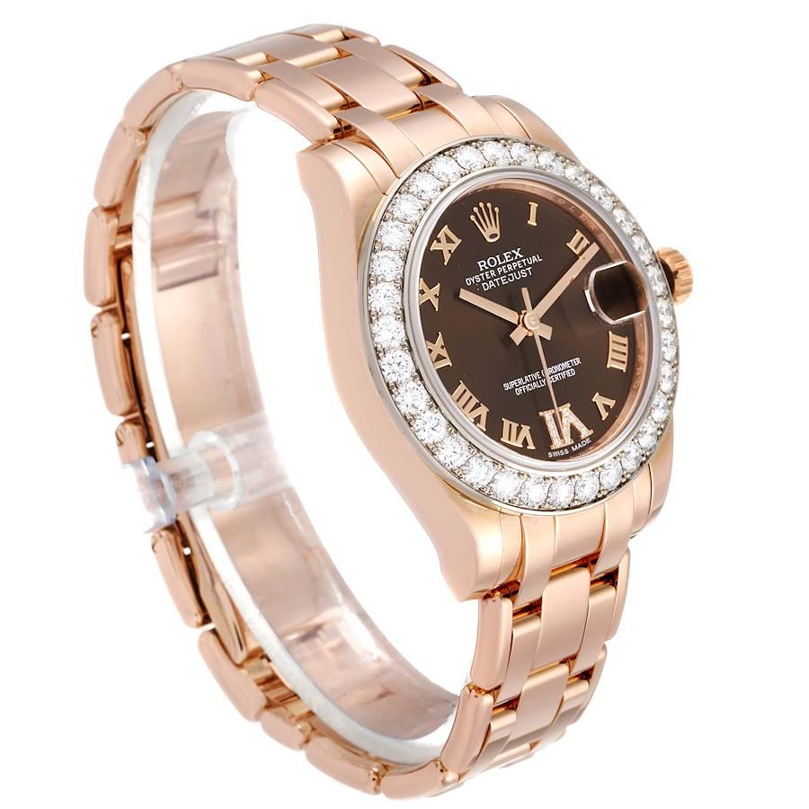 Rolex Pearlmaster 34 18k Rose Gold Diamond Ladies Watch 81285 Box Card In Excellent Condition For Sale In Atlanta, GA