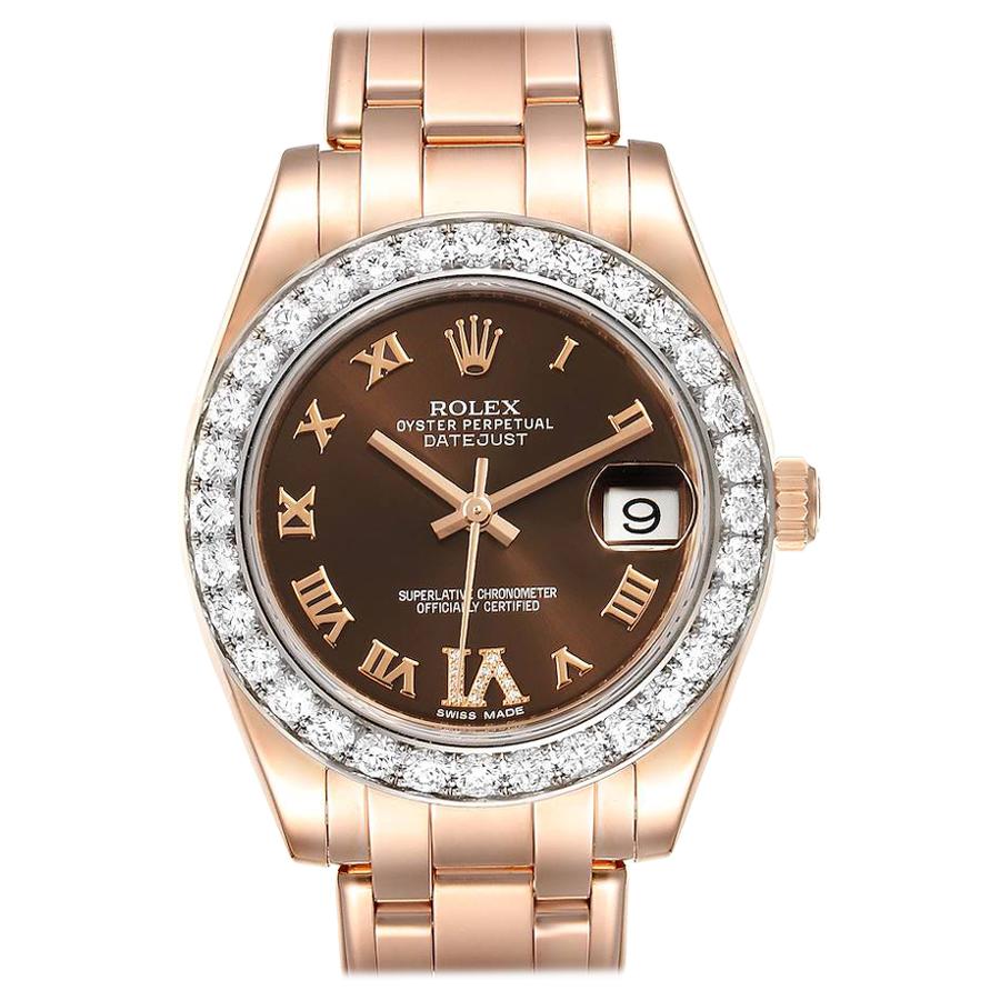 Rolex Pearlmaster 34 18k Rose Gold Diamond Ladies Watch 81285 Box Card For Sale