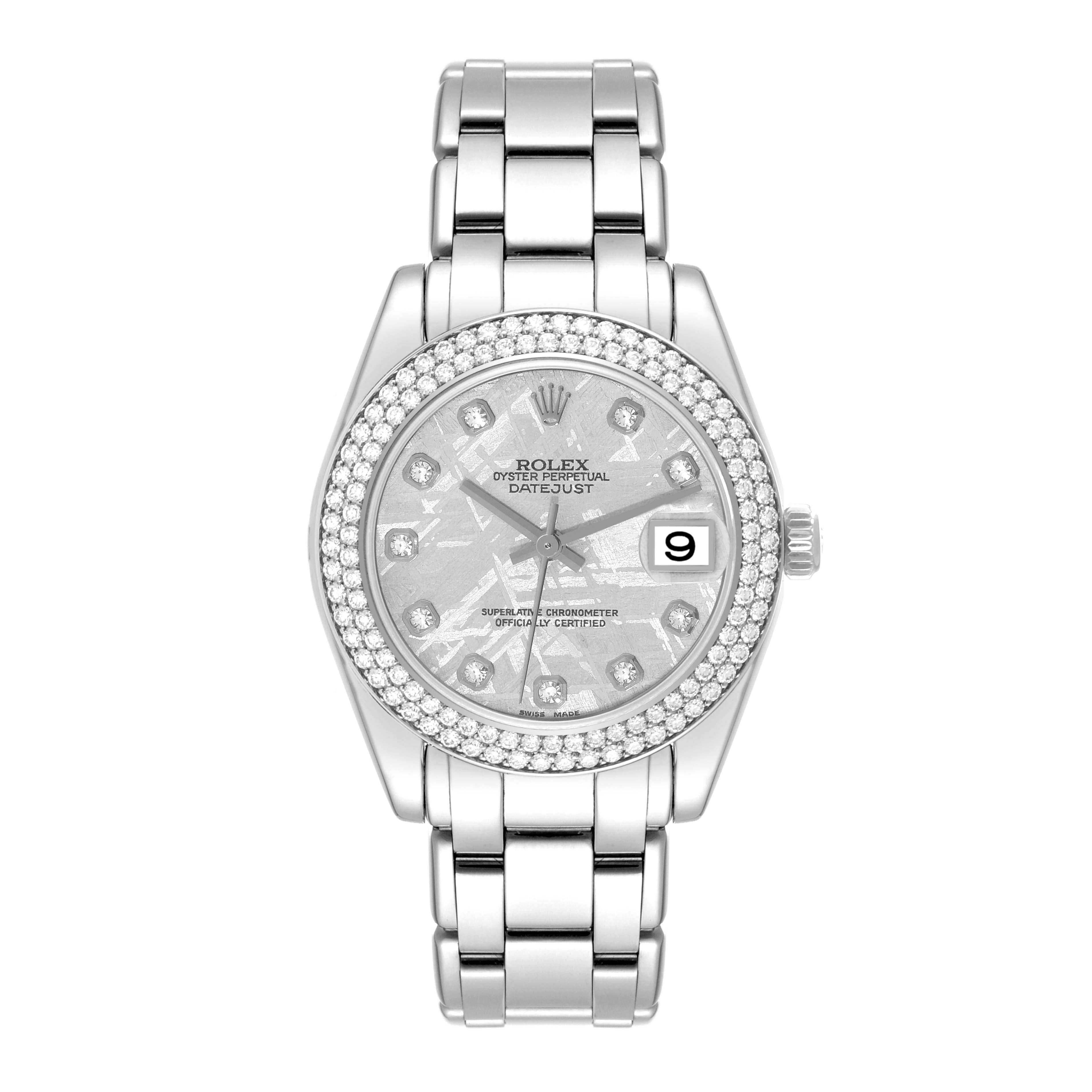Rolex Pearlmaster 34 White Gold Meteorite Dial Diamond Ladies Watch 81339. Officially certified chronometer self-winding movement. 18k white gold oyster case 34.0 mm in diameter. Rolex logo on the crown. Original Rolex factory diamond bezel. Scratch