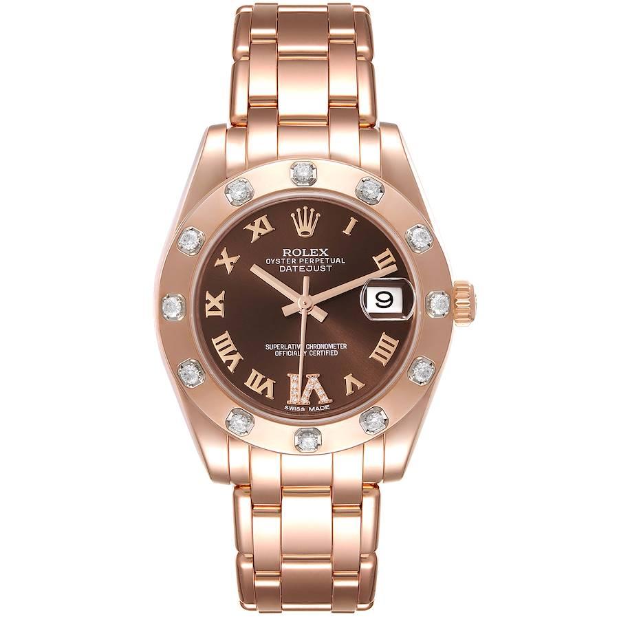 Rolex Pearlmaster 34mm Brown Dial Rose Gold Diamond Ladies Watch 81315. Officially certified chronometer self-winding movement. 18k rose gold oyster case 34.0 mm in diameter. Rolex logo on the crown. Original Rolex factory diamond bezel. Scratch