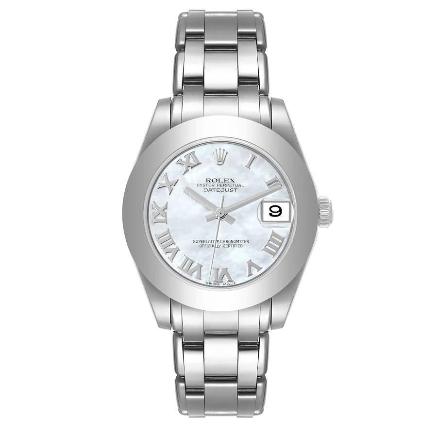 Rolex Pearlmaster 34mm Midsize White Gold MOP Ladies Watch 81209. Officially certified chronometer self-winding movement. 18k white gold oyster case 34.0 mm in diameter. Rolex logo on a crown. 18k white gold smooth domed bezel. Scratch resistant