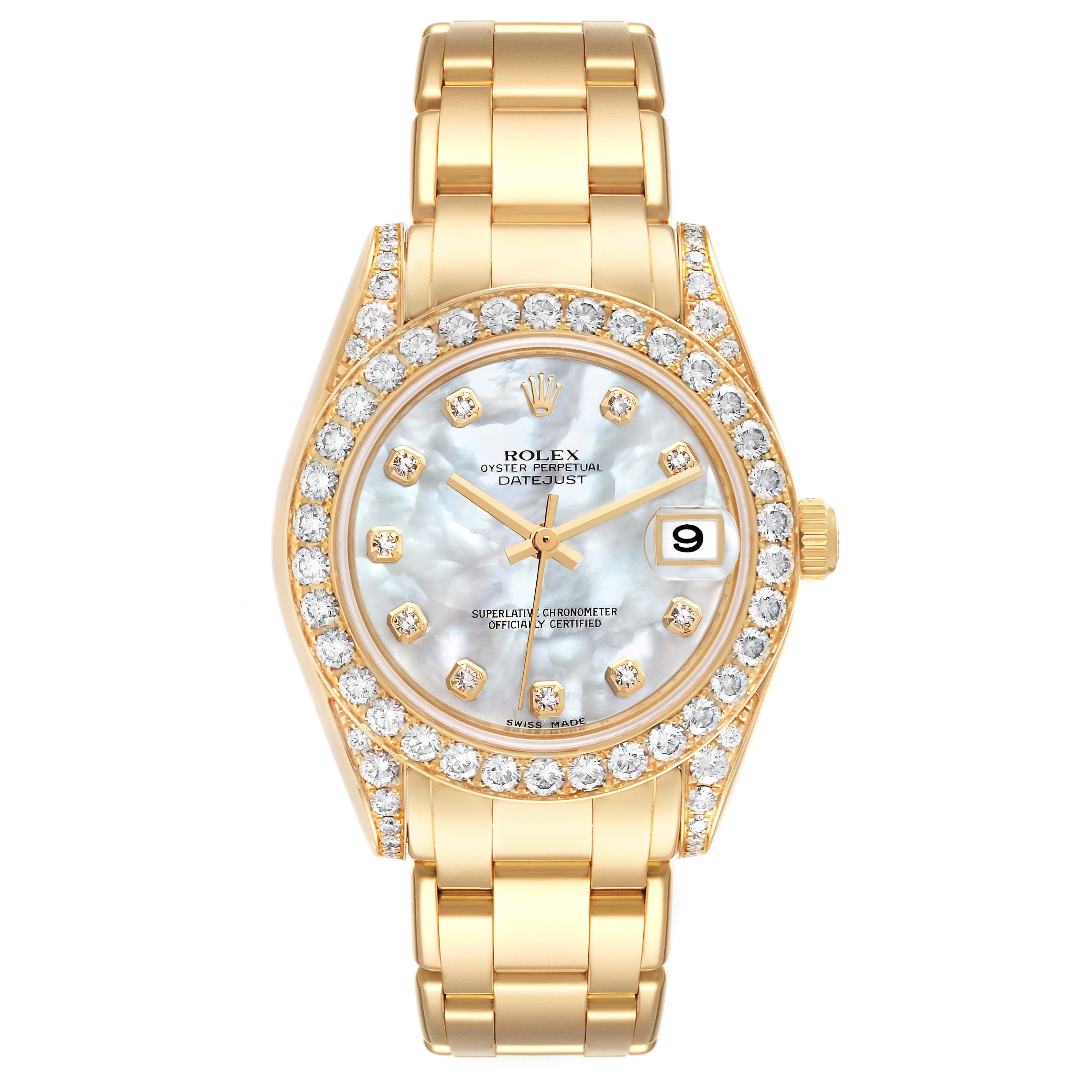 Rolex Pearlmaster 34mm Yellow Gold MOP Diamond Ladies Watch 81158 Box Card. Officially certified chronometer automatic self-winding movement with quickset date function. 18k yellow gold oyster case 34.0 mm in diameter. Rolex logo on a crown.