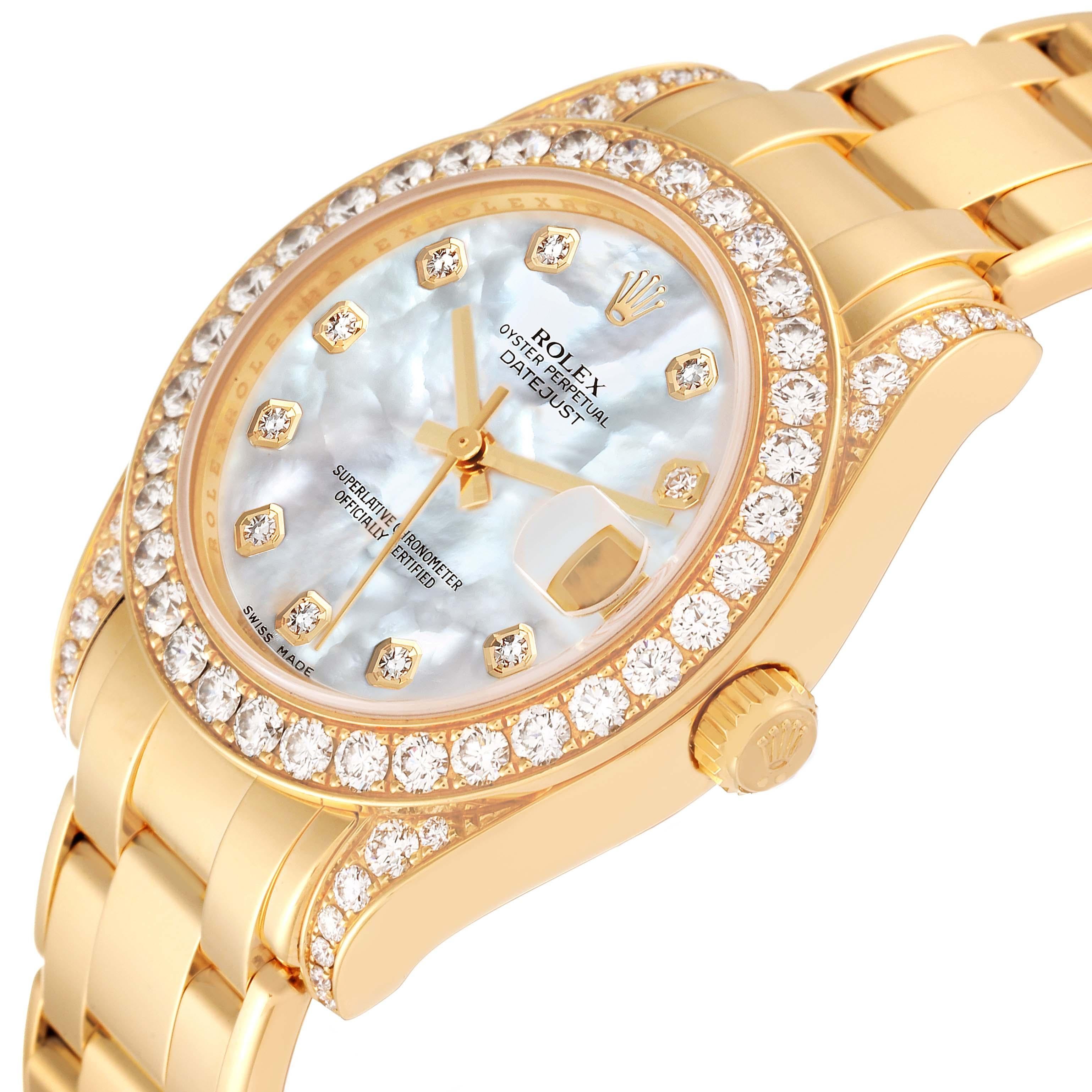Women's Rolex Pearlmaster 34mm Yellow Gold MOP Diamond Ladies Watch 81158 Box Card
