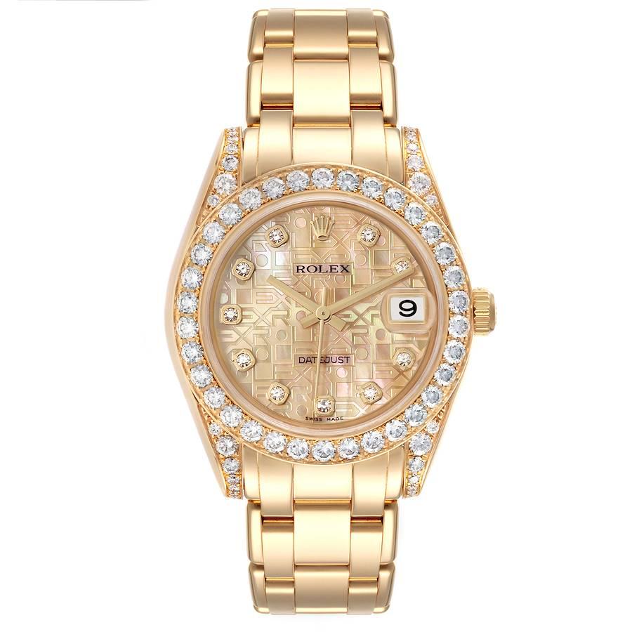 Rolex Pearlmaster 34mm Yellow Gold MOP Diamond Ladies Watch 81158 Box Papers. Officially certified chronometer self-winding movement with quickset date function. 18k yellow gold oyster case 34.0 mm in diameter. Rolex logo on a crown. Original Rolex