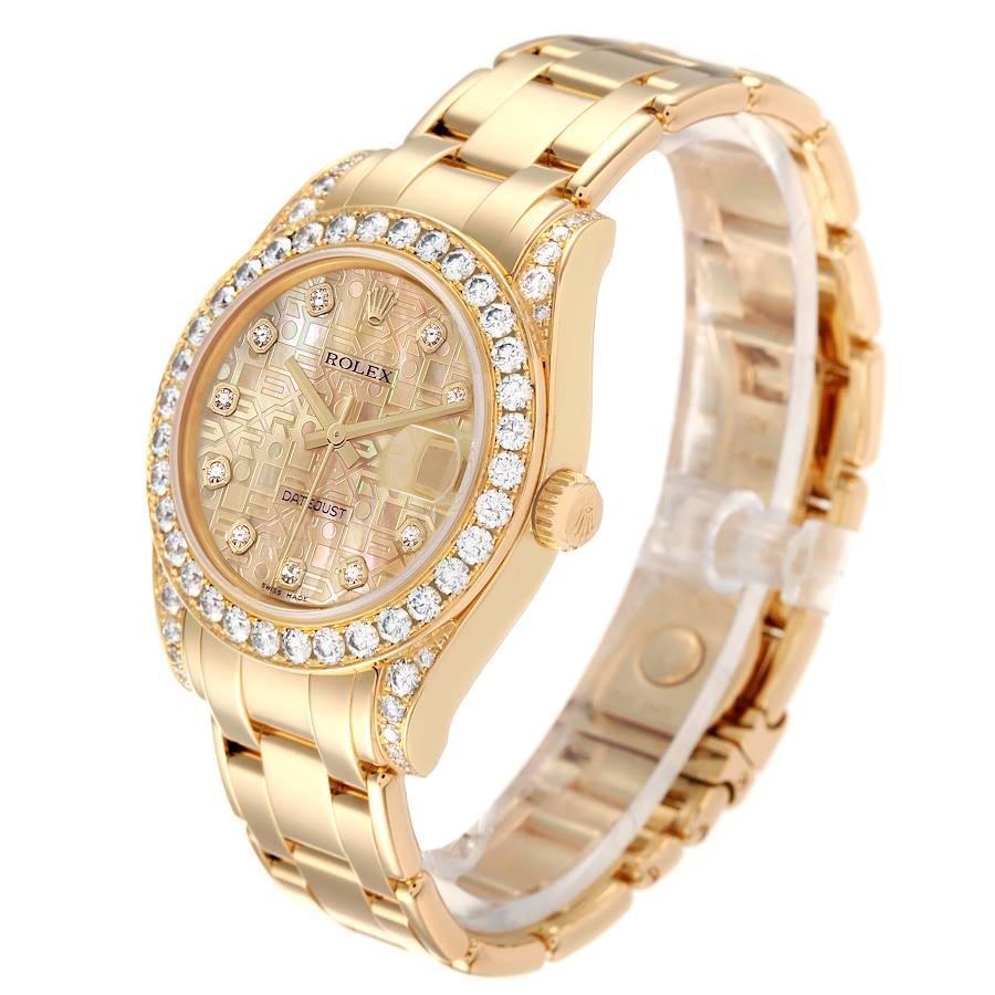 Rolex Pearlmaster 34mm Yellow Gold MOP Diamond Ladies Watch 81158 Box Papers In Excellent Condition In Atlanta, GA