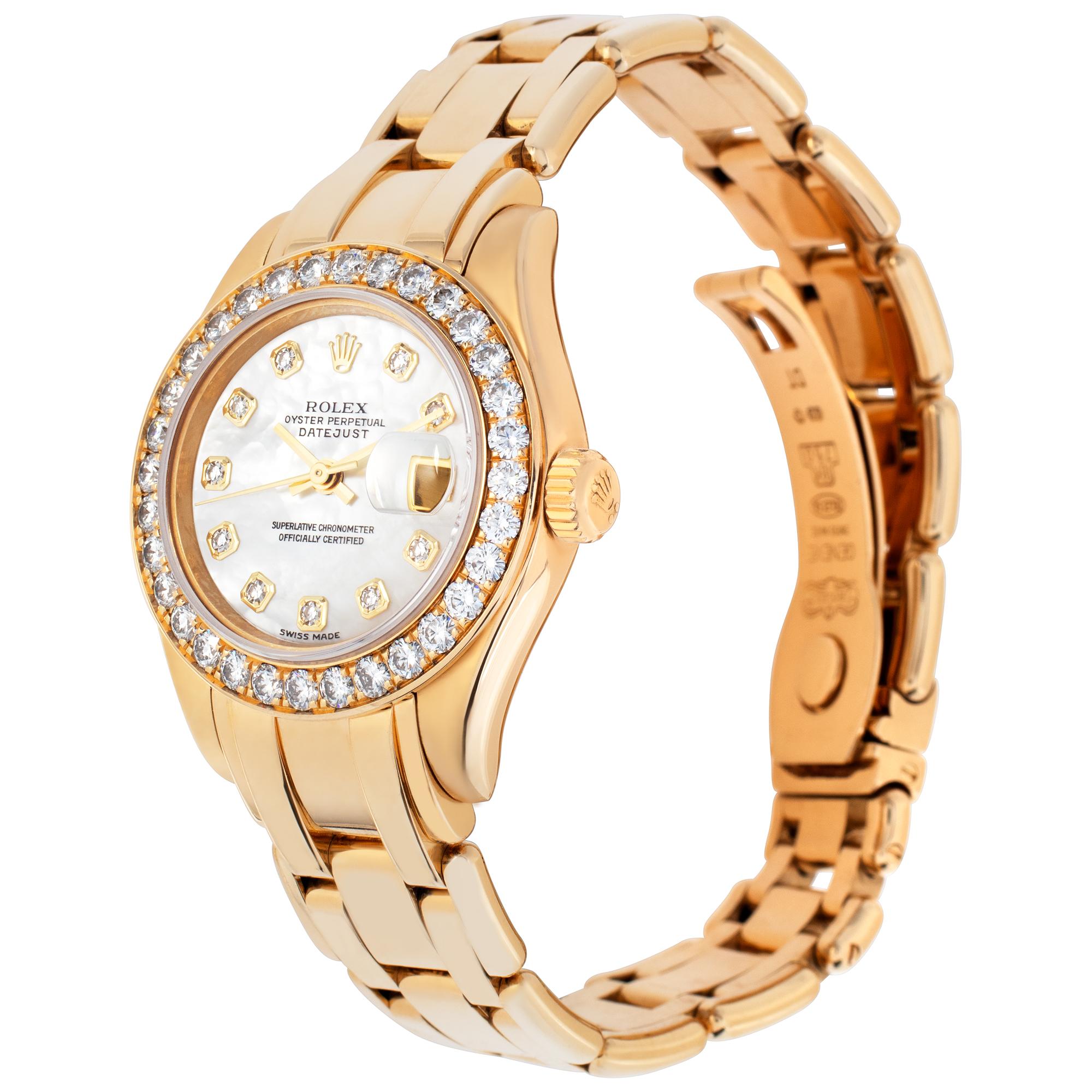 Rolex Pearlmaster with factory mother of pearl diamond dial & diamond bezel in 18k yellow gold. Auto w/ sweep seconds and date. 29 mm case size. With box and papers. **Bank wire only at this price** Ref 80298. Circa 2004. Fine Pre-owned Rolex Watch.