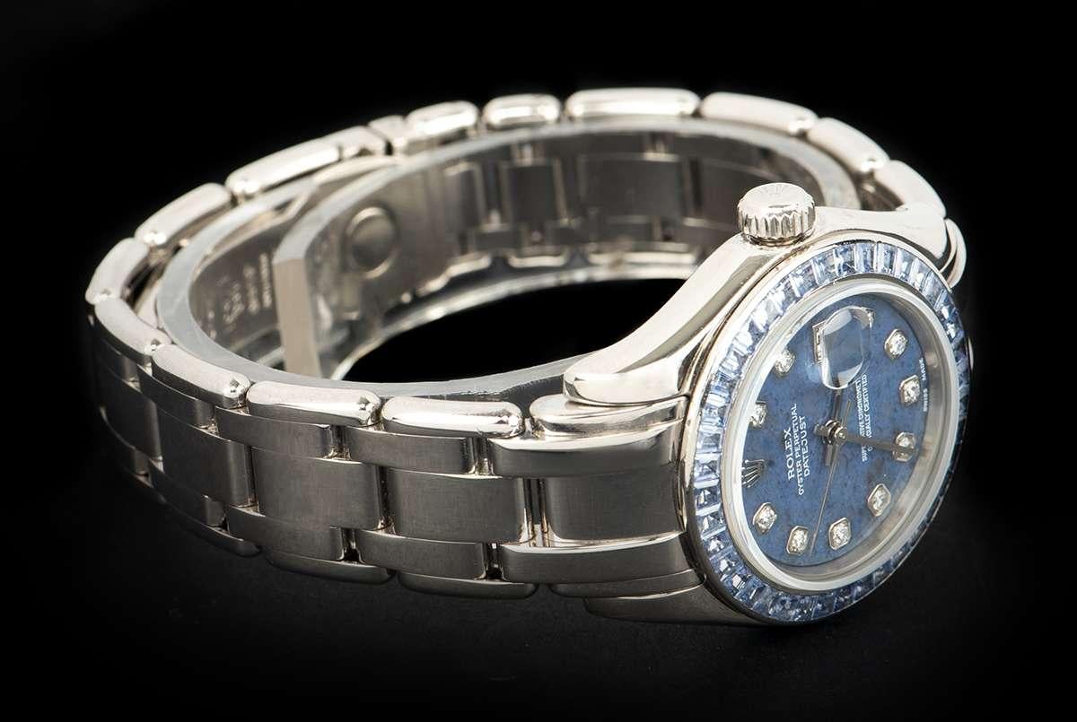 Round Cut Rolex Pearlmaster Datejust Women's 18k White Gold Sodalite Diamond Dial 80309