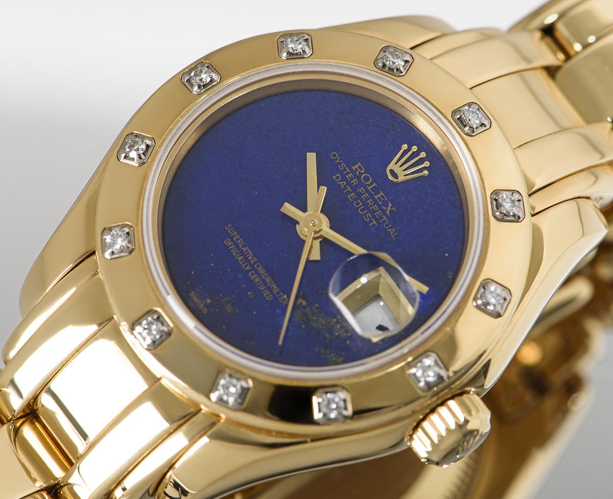 Rolex Pearlmaster Datejust Women's Yellow Gold Lapis Lazuli Dial Diamond Set In Excellent Condition In London, GB