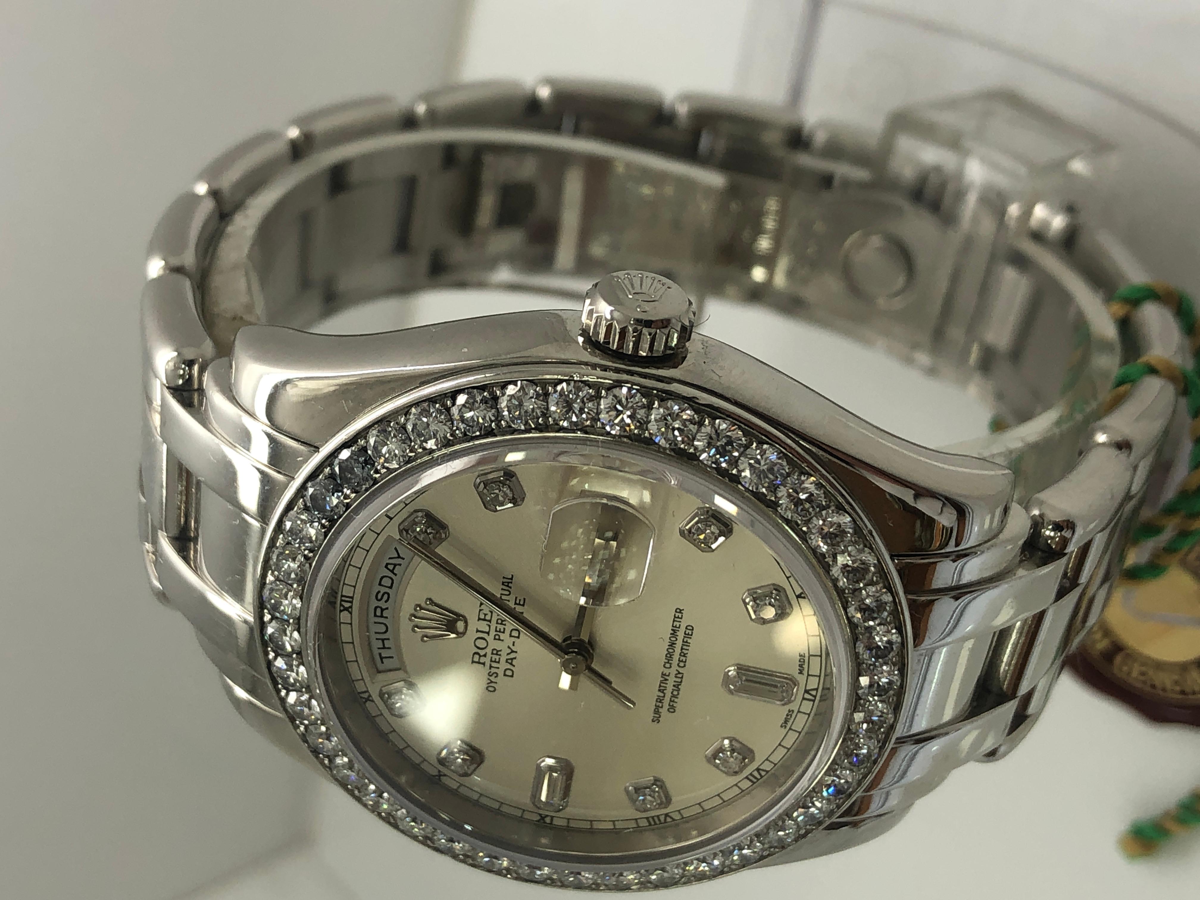 Rolex Pearlmaster Diamond Bezel Day-Date Montre pour hommes 

modèle:18946

Neufs Papiers de la boîte

Montre en platine

livraison gratuite pendant la nuit 

Acheter en toute confiance 

Virement bancaire uniquement