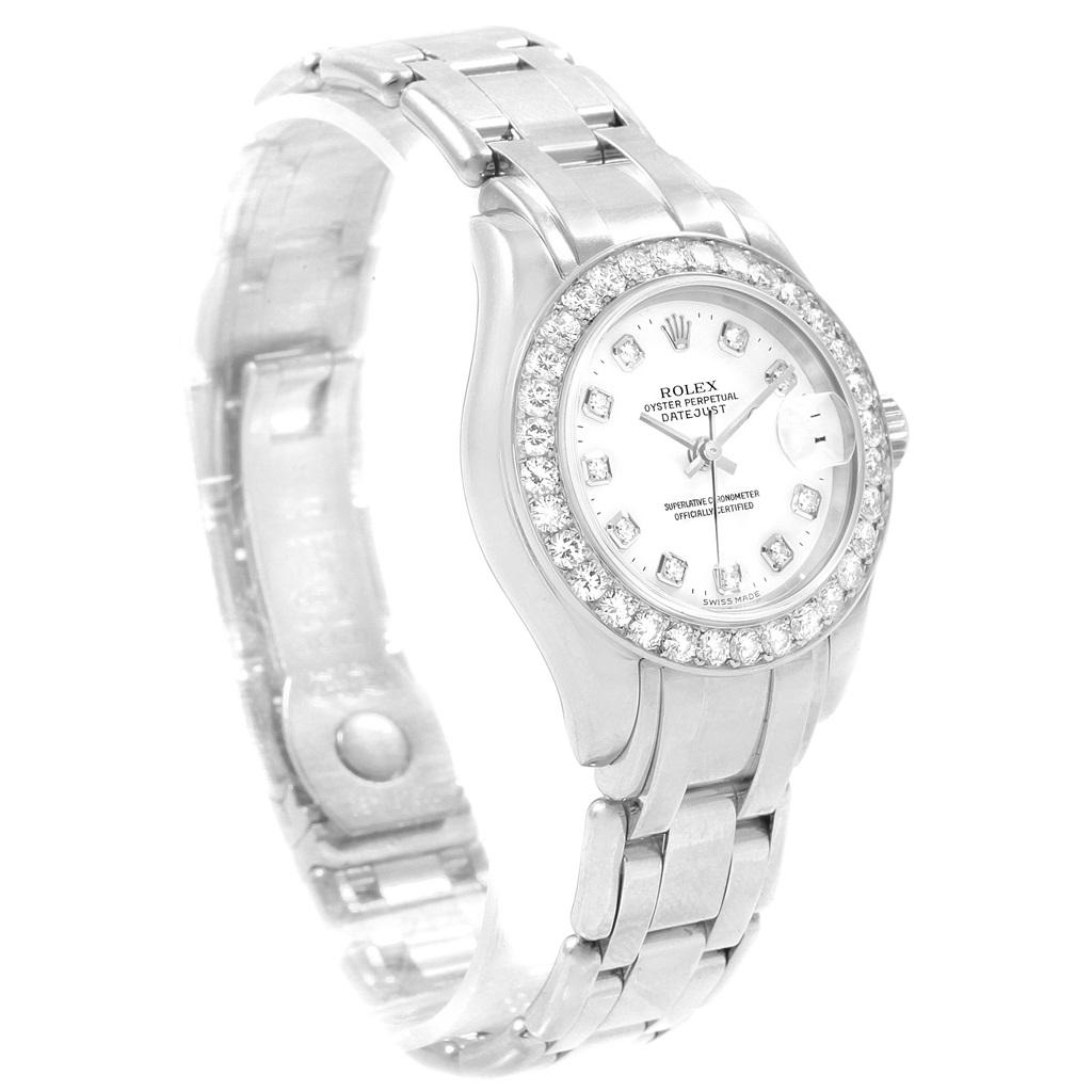 Rolex Pearlmaster Masterpiece 18K White Gold Diamond Ladies Watch 80299. Officially certified chronometer self-winding movement with quickset date function. 18k white gold oyster case 29.0 mm in diameter. Rolex logo on a crown. Original Rolex