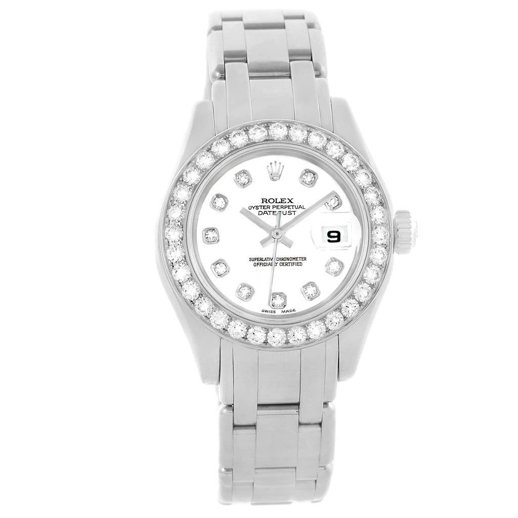 Rolex Pearlmaster Masterpiece White Gold Diamond Ladies Watch 80299. Officially certified chronometer self-winding movement with quickset date function. 18k white gold oyster case 29.0 mm in diameter. Rolex logo on a crown. Original Rolex factory