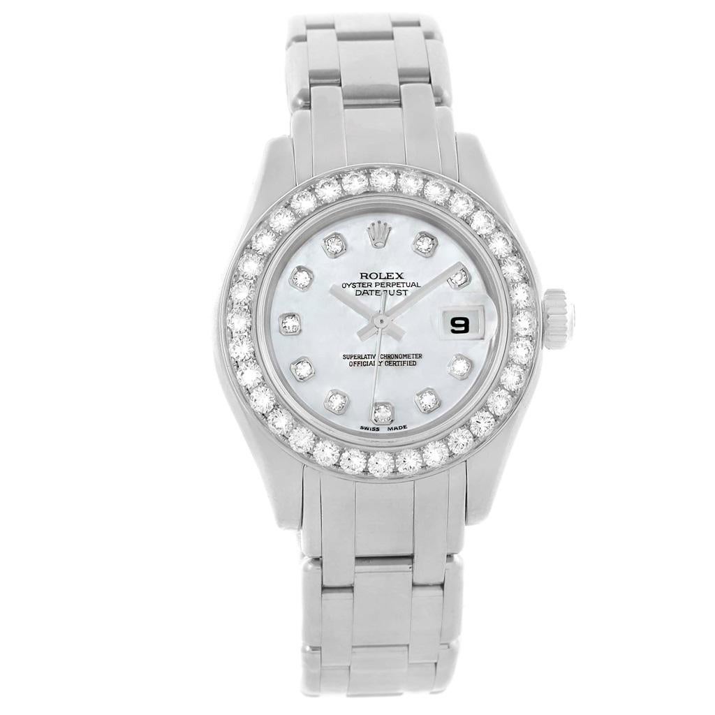 Rolex Pearlmaster Masterpiece White Gold MOP Diamond Ladies Watch 80299. Officially certified chronometer automatic self-winding movement. 18k white gold oyster case 29.0 mm in diameter. Rolex logo on a crown. Original Rolex factory diamond bezel.