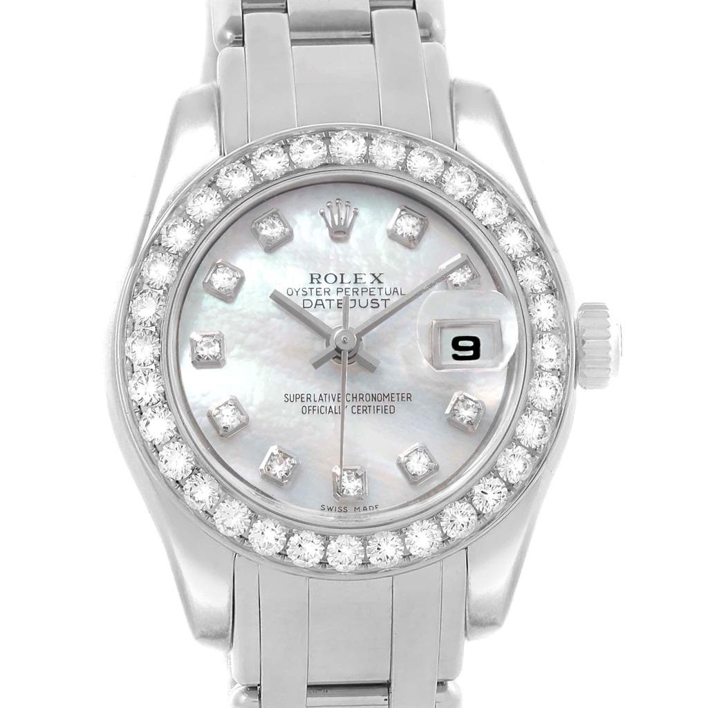 Rolex Pearlmaster Masterpiece White Gold MOP Diamond Ladies Watch 80299. Officially certified chronometer automatic self-winding movement. 18k white gold oyster case 29.0 mm in diameter. Rolex logo on a crown. Original Rolex factory diamond bezel.