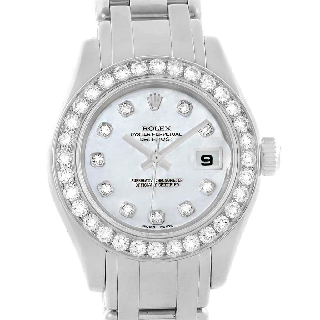 Rolex Pearlmaster Masterpiece White Gold MOP Diamond Ladies Watch 80299 In Excellent Condition For Sale In Atlanta, GA
