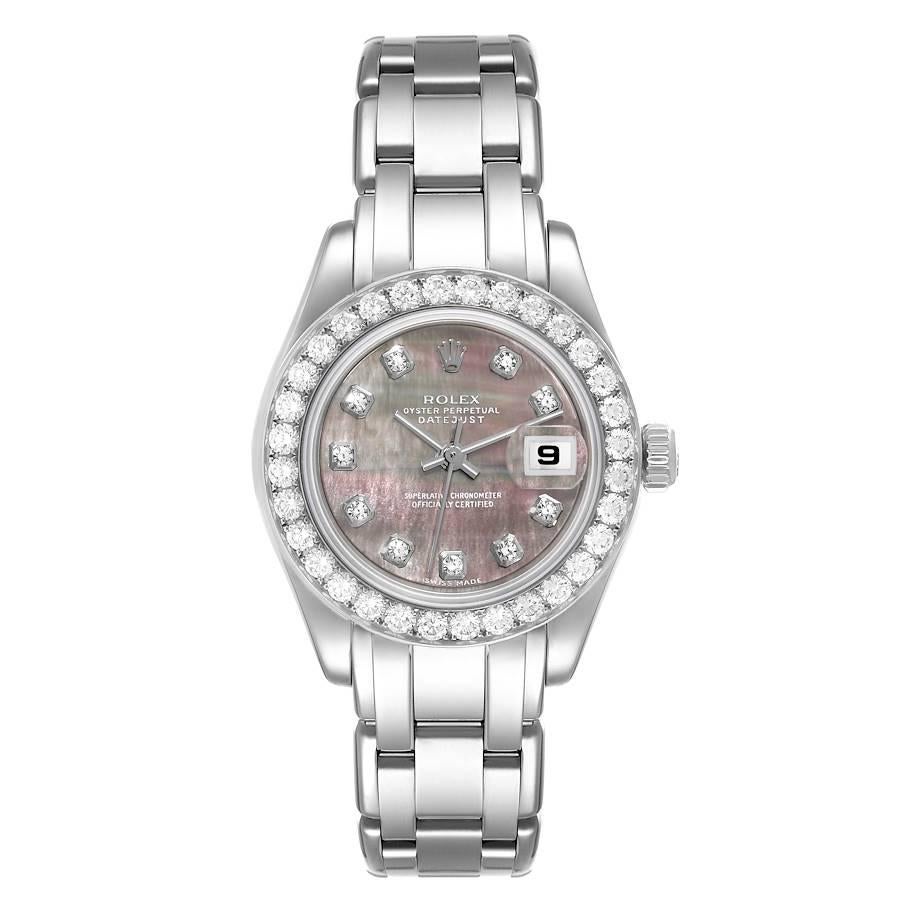Rolex Pearlmaster Masterpiece White Gold MOP Diamond Watch 80299 Box Papers. Officially certified chronometer self-winding movement with quickset date function. 18k white gold oyster case 29.0 mm in diameter. Rolex logo on a crown. Original Rolex
