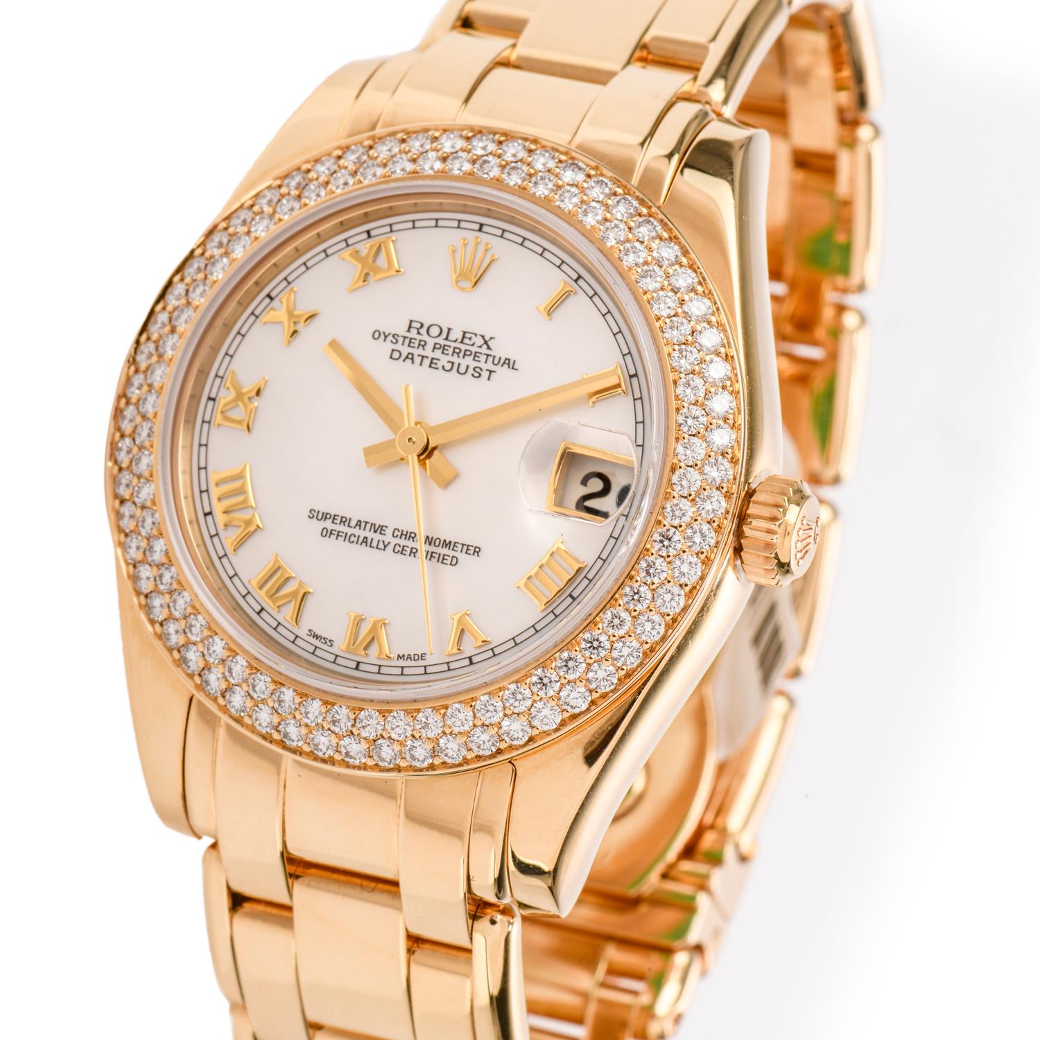 This pristine conditioned Ladies Pearlmaster 18K Rolex features

a mother of pearl dial with Roman numeral markers and a 2 row

Diamond Bezel ( Rolex factroty set diamond).

Movement:  Automatic

Crystal: Scratch resistant Sapphire Crystal 

Gold
