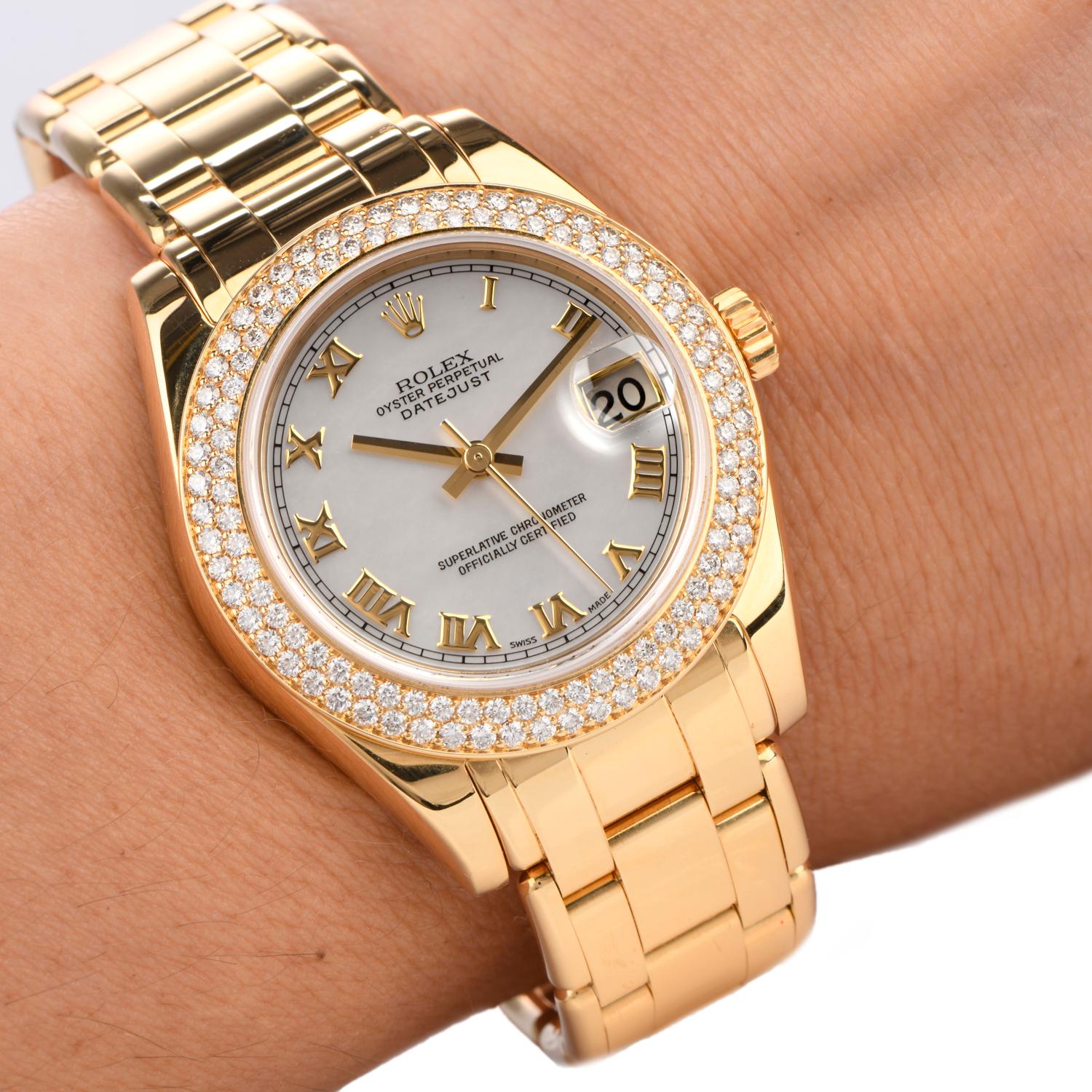 Round Cut Rolex Pearlmaster Mid Size 18 Karat Gold Ladies Watch Ref 81338