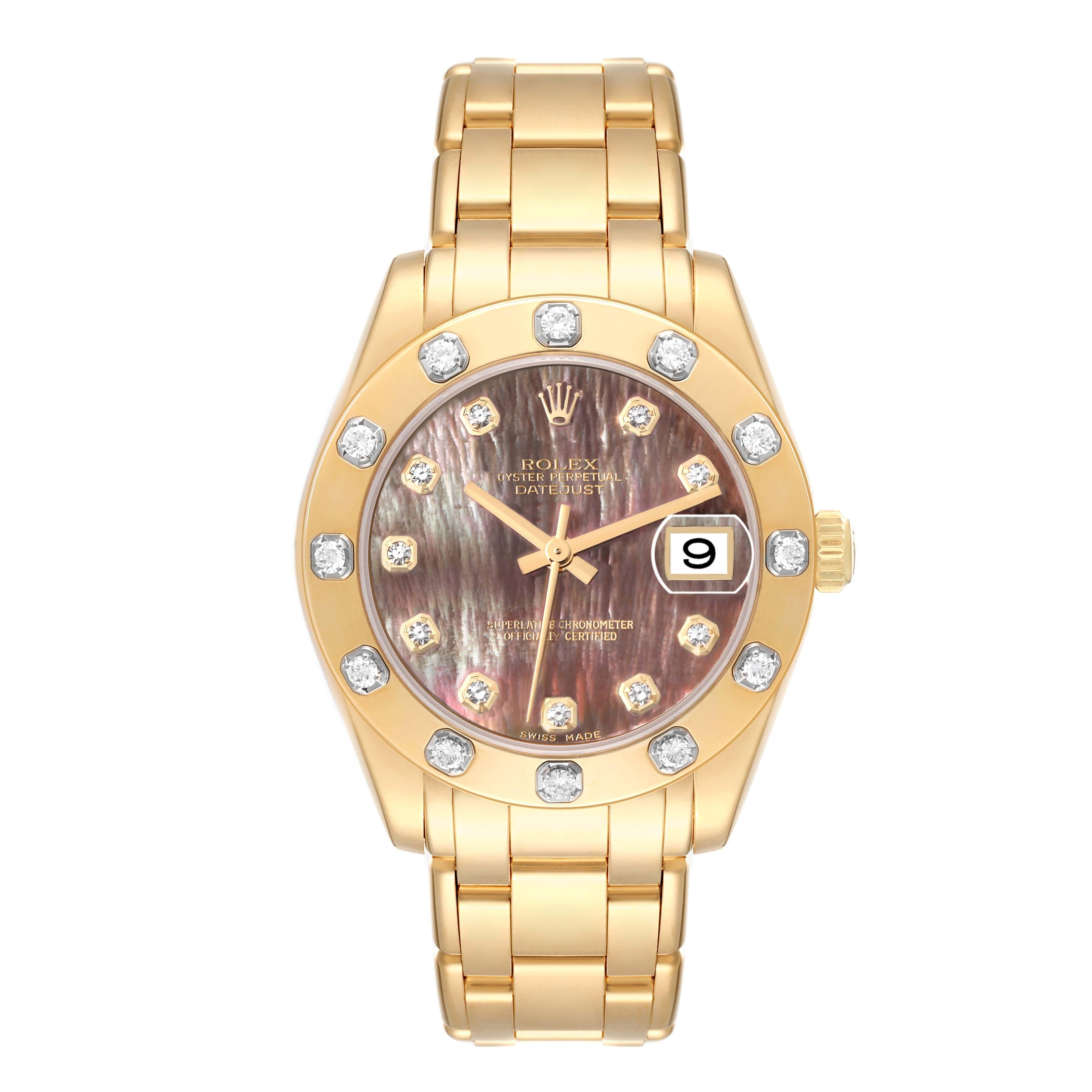 Rolex Pearlmaster Midsize Yellow Gold Mother of Pearl Diamond Ladies Watch 81318. Officially certified chronometer automatic self-winding movement with quickset date function. 18k yellow gold oyster case 34.0 mm in diameter. Rolex logo on a crown.