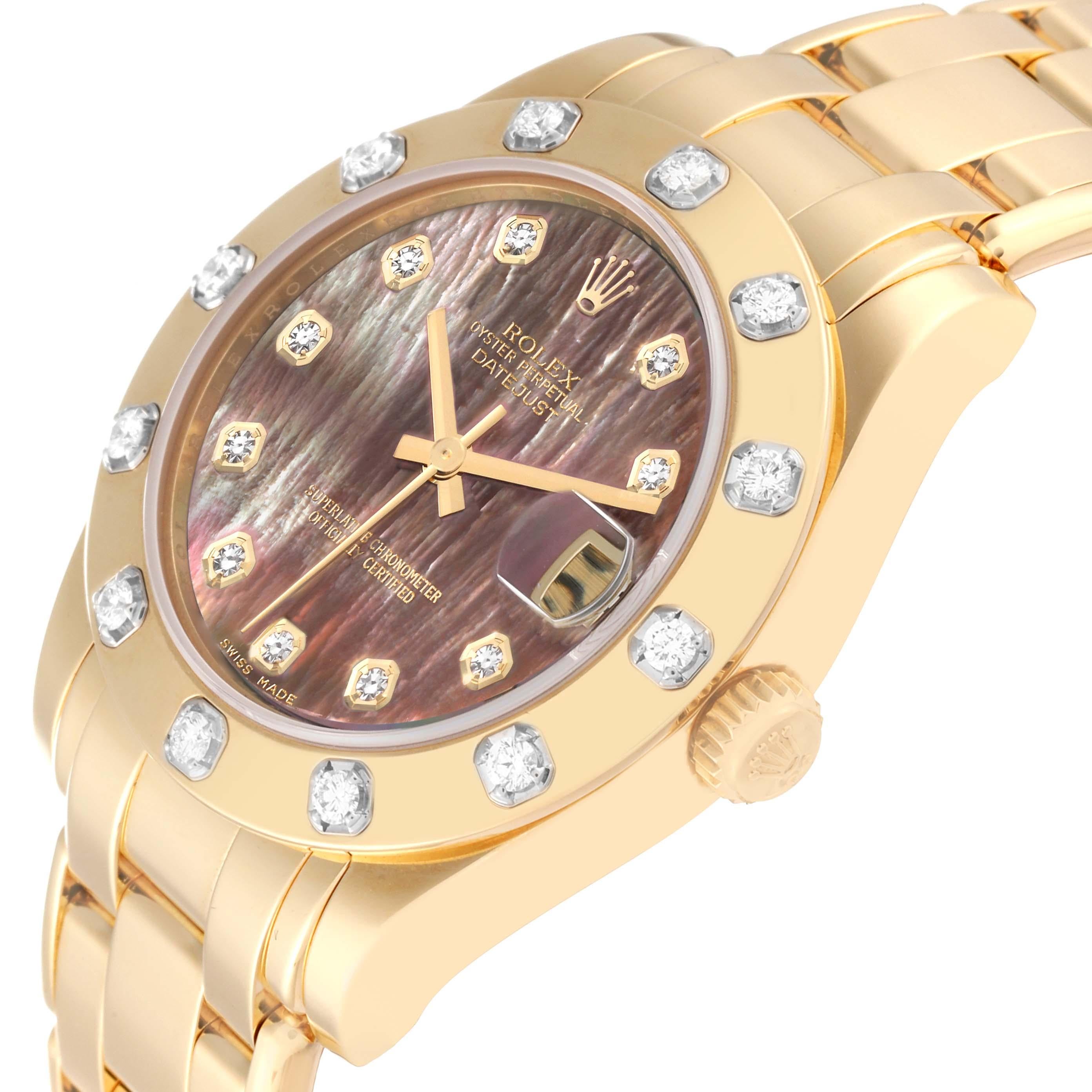 Women's Rolex Pearlmaster Midsize Yellow Gold Mother of Pearl Diamond Ladies Watch 81318 For Sale