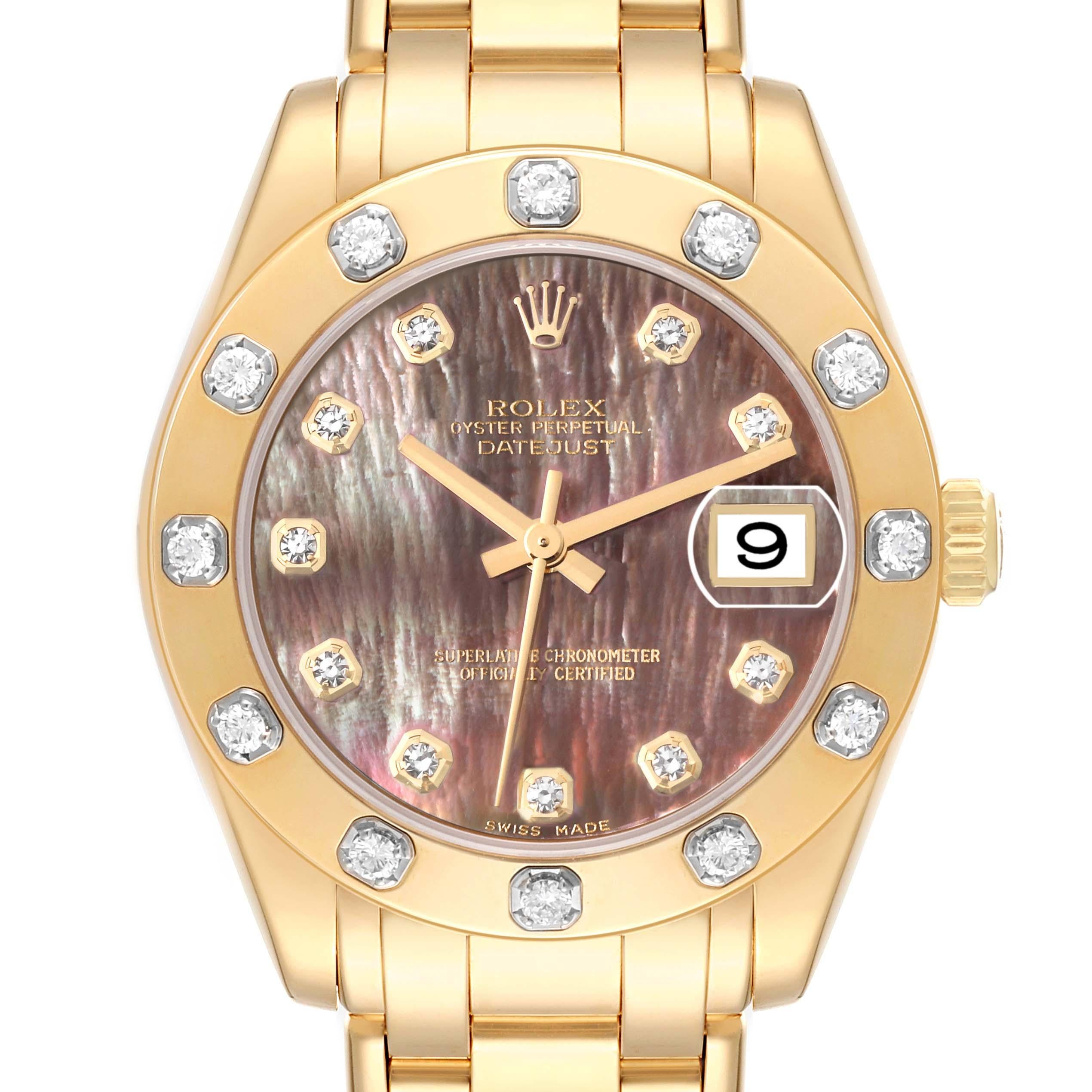 Rolex Pearlmaster Midsize Yellow Gold Mother of Pearl Diamond Ladies Watch 81318 For Sale