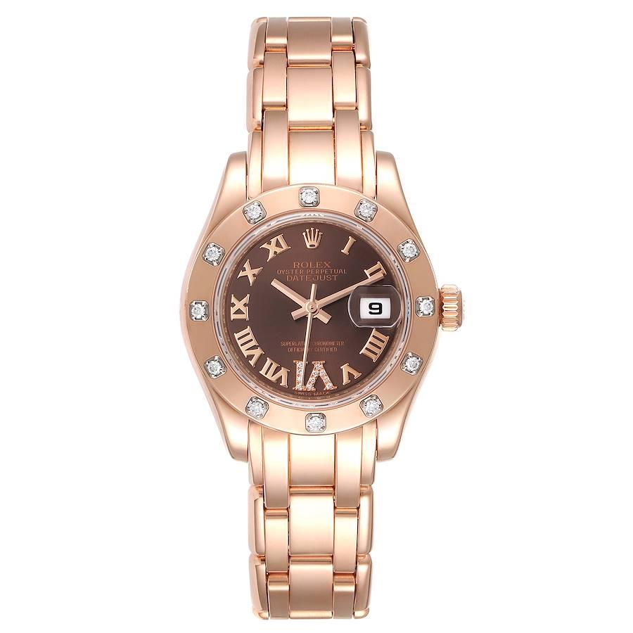 Rolex Pearlmaster Rose Gold Chocolate Dial Diamond Ladies Watch 80315. Officially certified chronometer self-winding movement. 18k rose gold oyster case 29 mm in diameter. Rolex logo on the crown. Original Rolex factory diamond bezel. Scratch