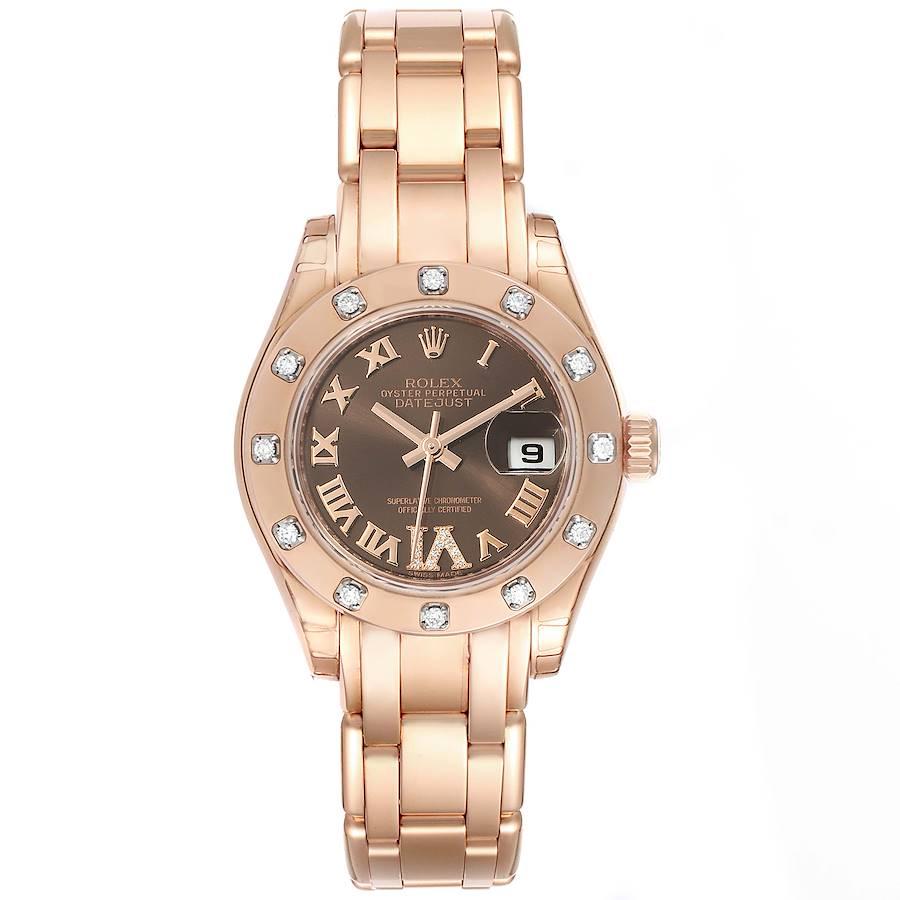 Rolex Pearlmaster Rose Gold Diamond Ladies Watch 80315 Unworn. Officially certified chronometer self-winding movement. 18k rose gold oyster case 29 mm in diameter. Rolex logo on a crown. Original Rolex factory diamond bezel. Scratch resistant