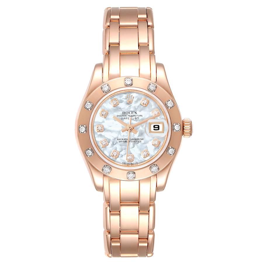 Rolex Pearlmaster Rose Gold MOP Diamond Dial Ladies Watch 80315. Officially certified chronometer self-winding movement. 18k rose gold oyster case 29 mm in diameter. Rolex logo on the crown. Original Rolex factory diamond bezel. Scratch resistant
