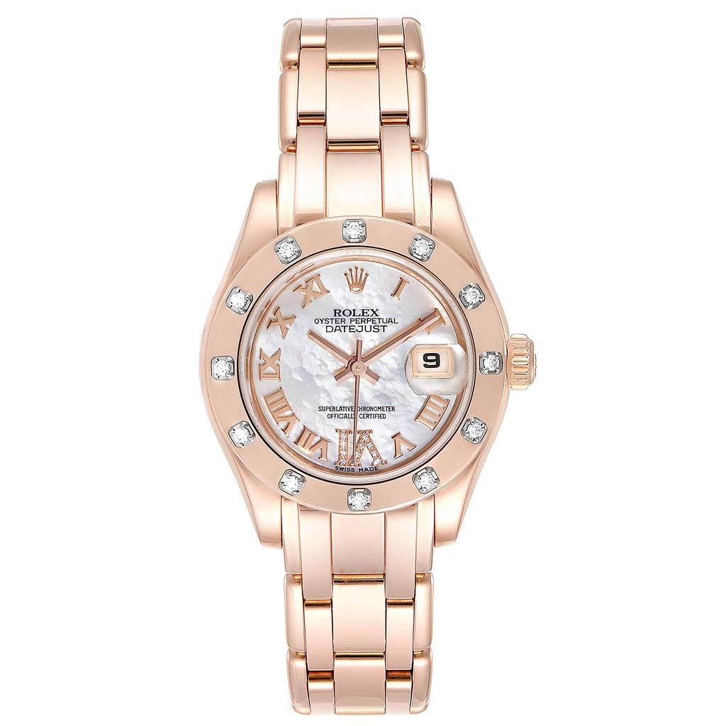 Rolex Pearlmaster Rose Gold MOP Diamond Ladies Watch 80315 Box. Officially certified chronometer automatic self-winding movement. 18k rose gold oyster case 29 mm in diameter. Rolex logo on a crown. Original Rolex factory diamond bezel. Scratch