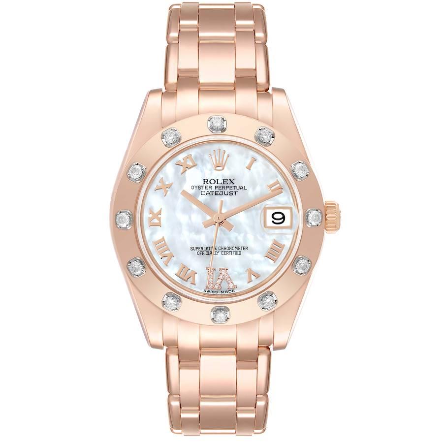 Rolex Pearlmaster Rose Gold Mother of Pearl Diamond Ladies Watch 81315 Box Card. Officially certified chronometer self-winding movement. 18k rose gold oyster case 34.0 mm in diameter. Rolex logo on the crown. 18k rose gold bezel set with 12 original