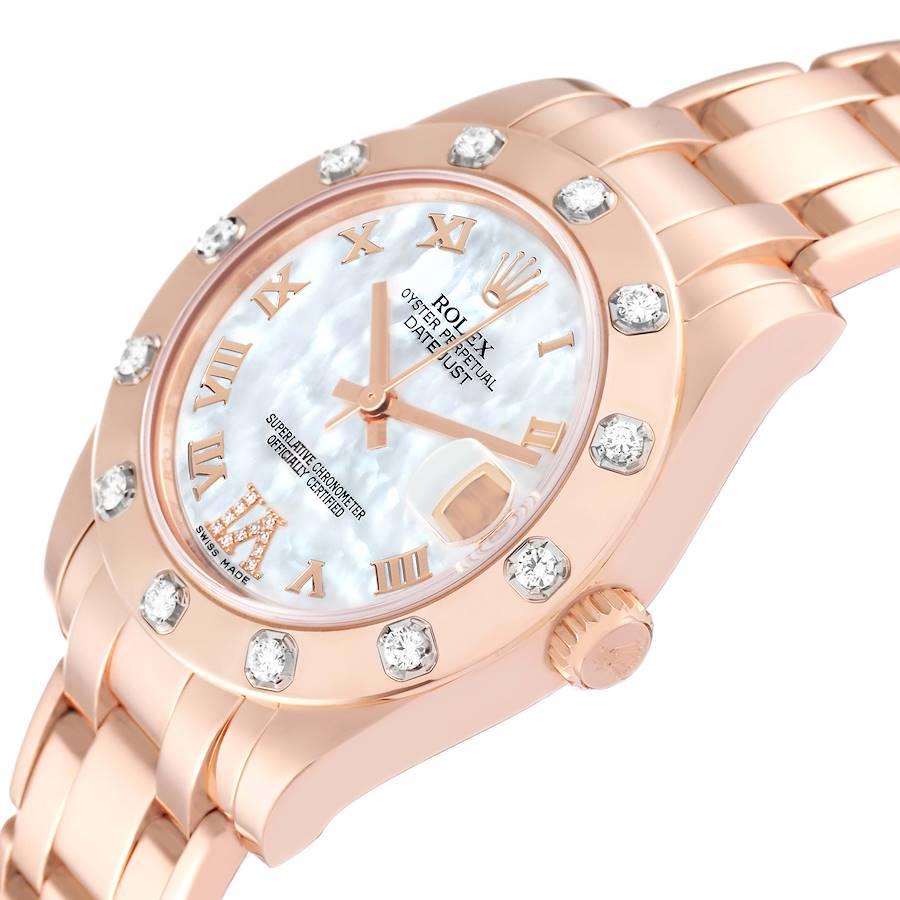 Rolex Pearlmaster Rose Gold Mother of Pearl Diamond Ladies Watch 81315 Box Card In Excellent Condition In Atlanta, GA