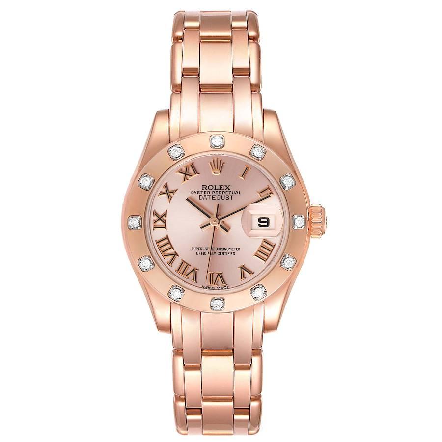 Rolex Pearlmaster Rose Gold Rose Roman Dial Diamond Ladies Watch 80315 Box Card. Officially certified chronometer self-winding movement. 18k rose gold oyster case 29 mm in diameter. Rolex logo on the crown. Original Rolex factory diamond bezel.