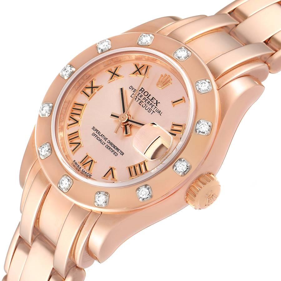 Rolex Pearlmaster Rose Gold Rose Roman Dial Diamond Ladies Watch 80315 Box Card In Excellent Condition For Sale In Atlanta, GA