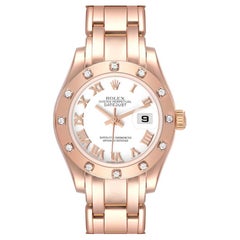 Rolex Pearlmaster Rose Gold White Roman Dial Diamond Ladies Watch 80315 Box Card