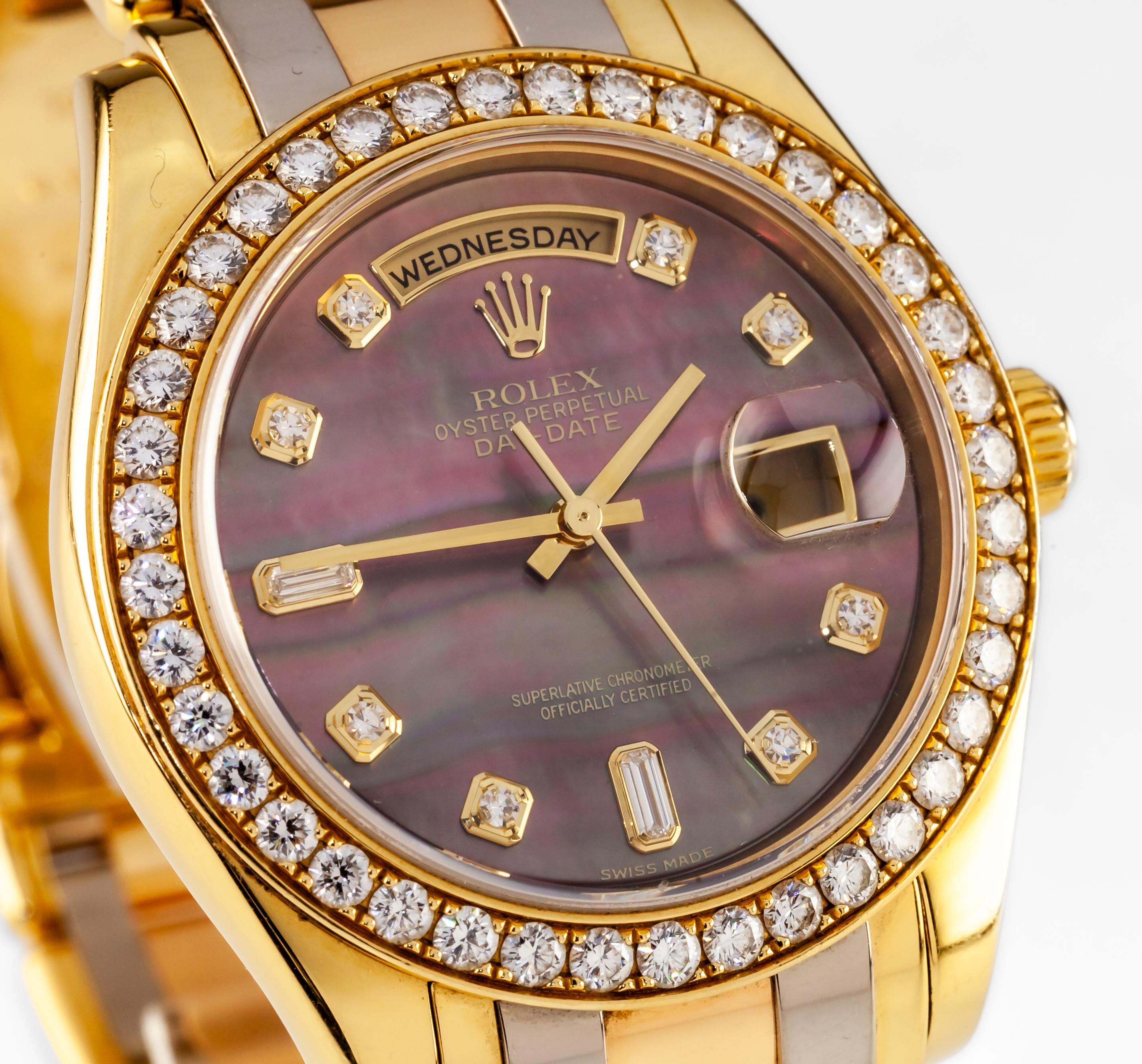 Modern Rolex Pearlmaster Tridor 18k Gold Men's Day-Date w/ Tahitian MOP Dial 18948 For Sale